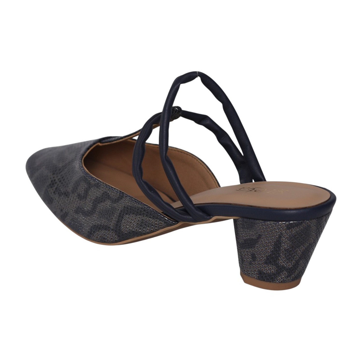 greta | Navy Blue Textured Strappy Block Heels|4