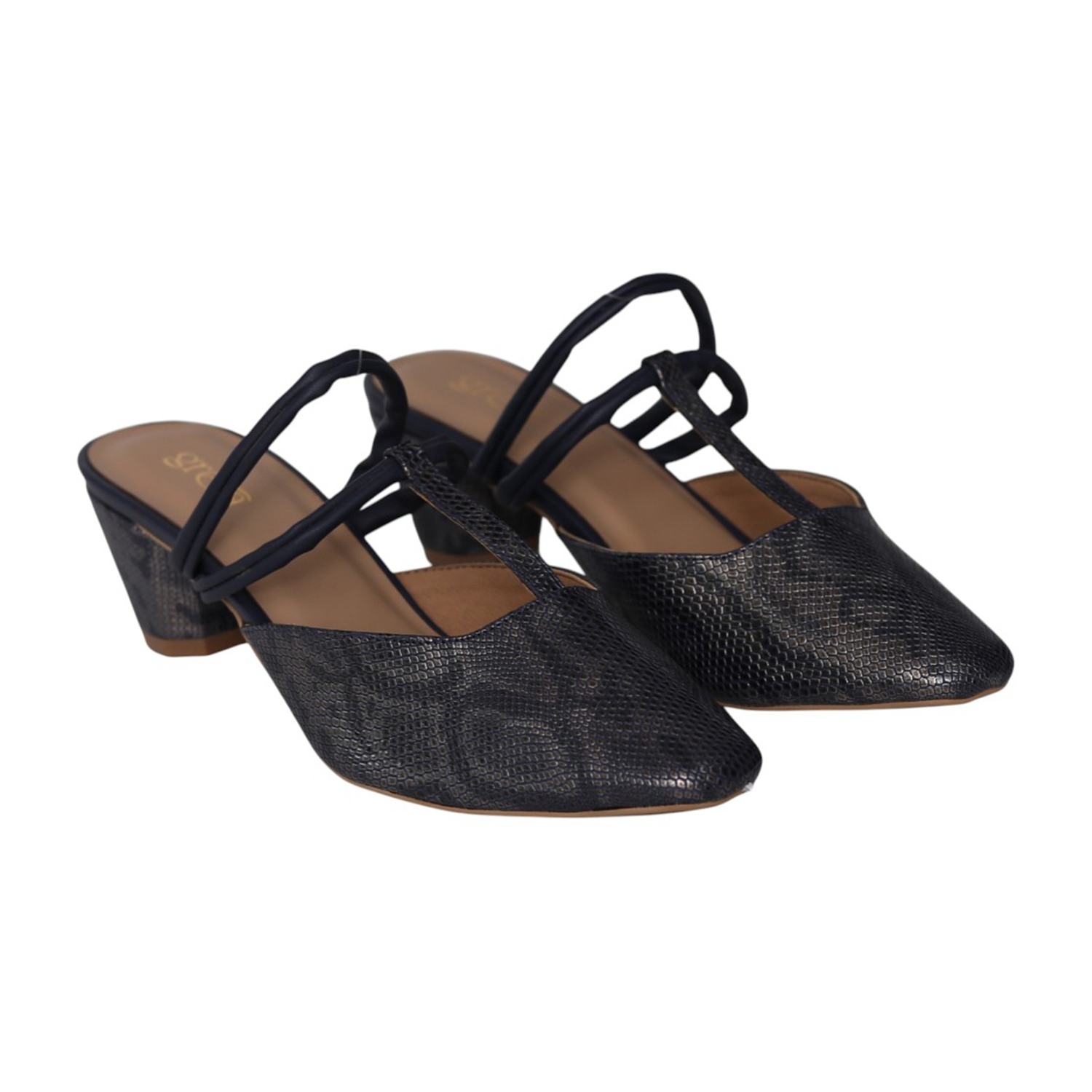 greta | Navy Blue Textured Strappy Block Heels|1