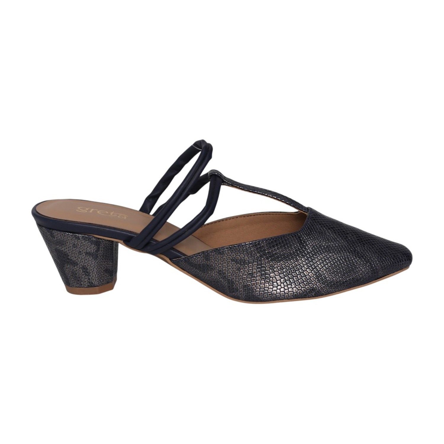 greta | Navy Blue Textured Strappy Block Heels|2