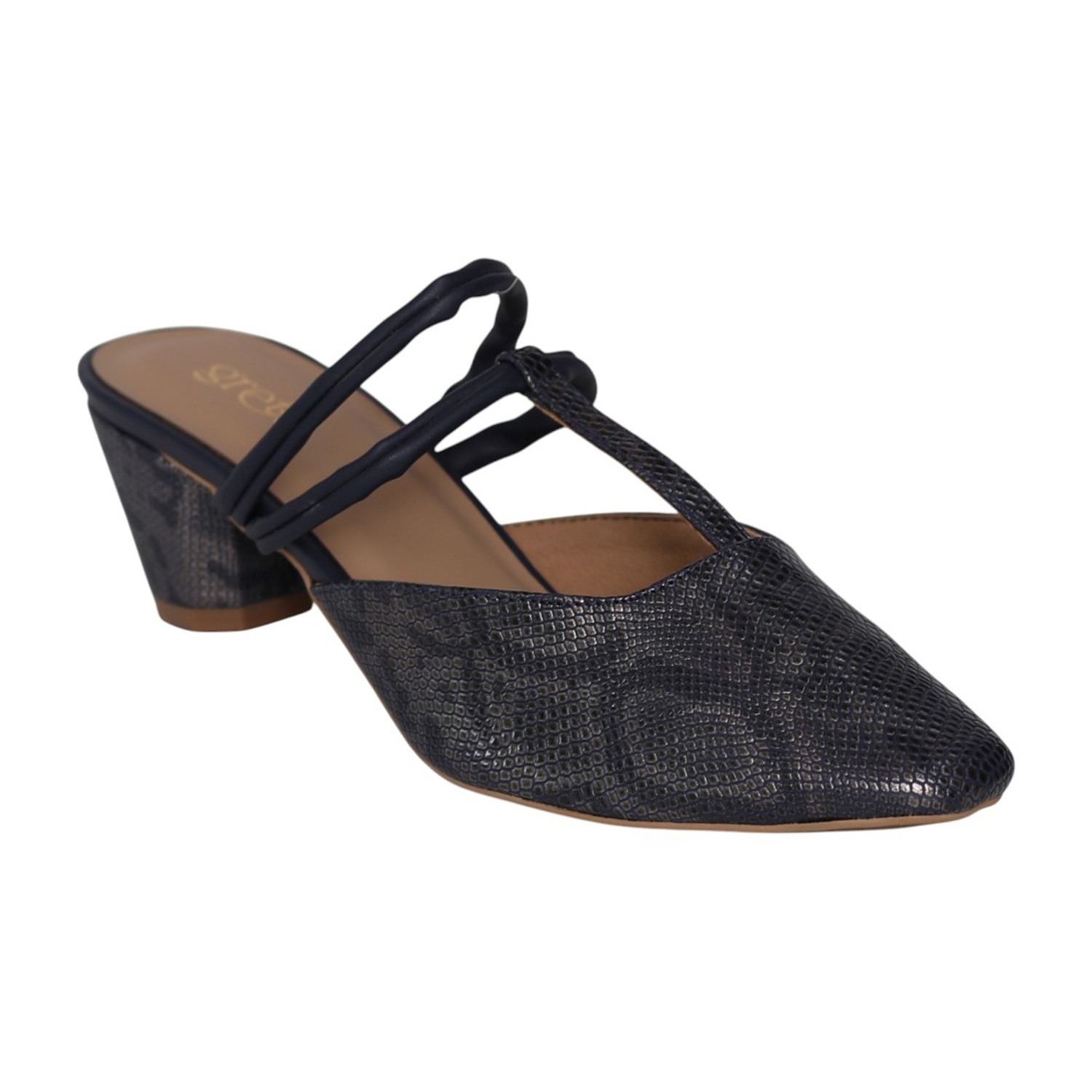 greta | Navy Blue Textured Strappy Block Heels|0