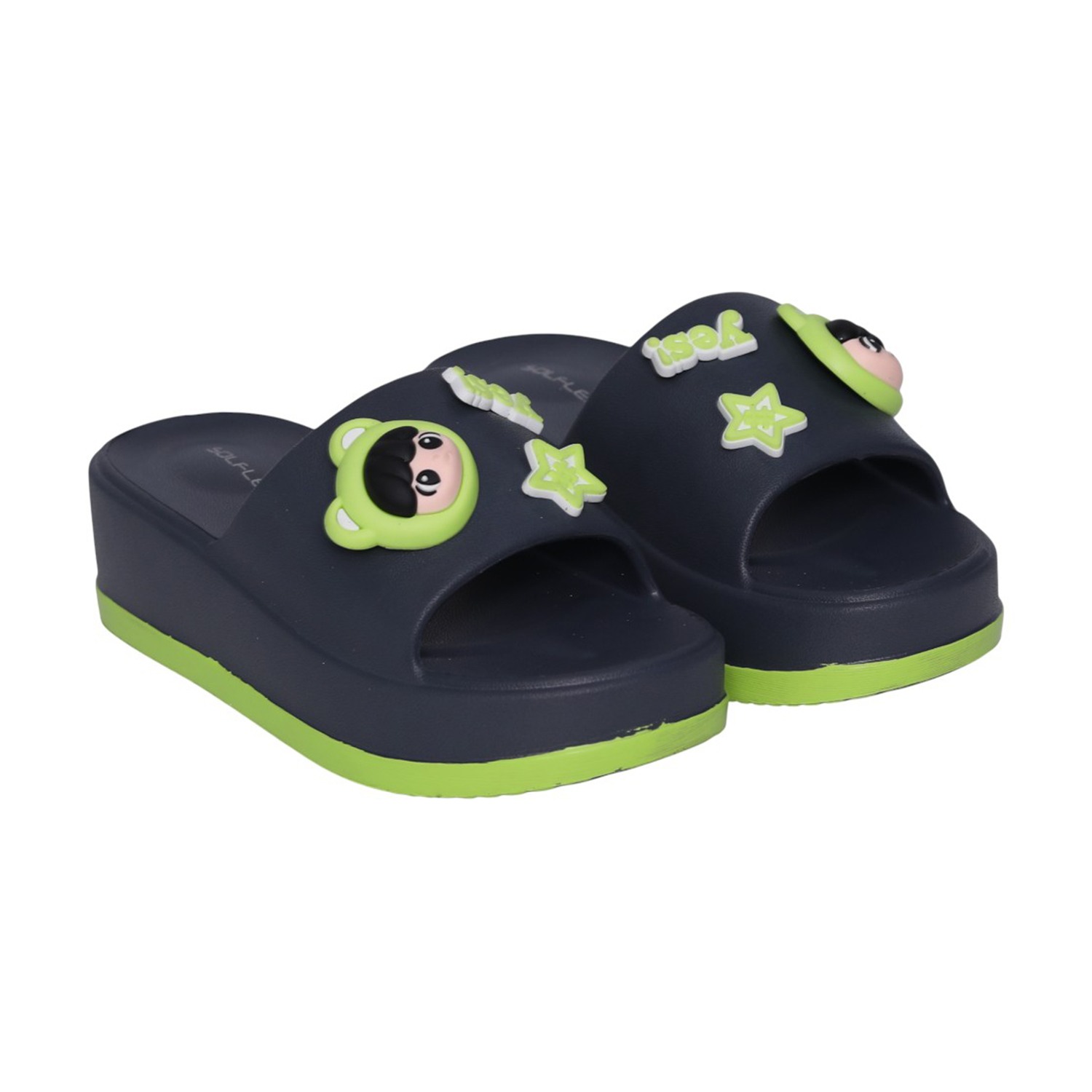Womens Navy Cartoon Charm Platform Slides