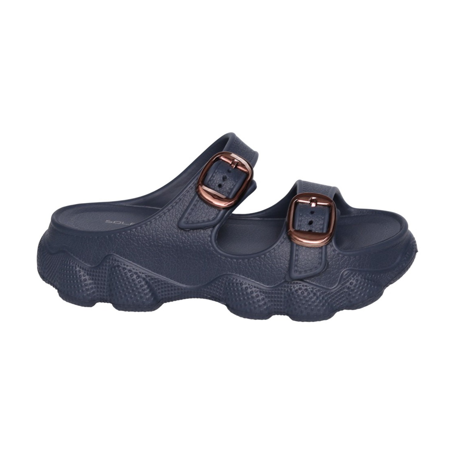 Womens Navy Double Buckle Comfort Slides