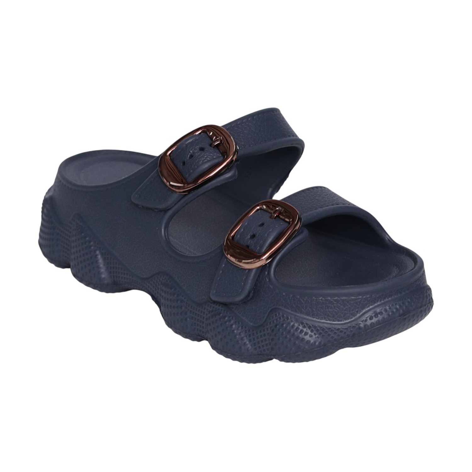 Womens Navy Double Buckle Comfort Slides