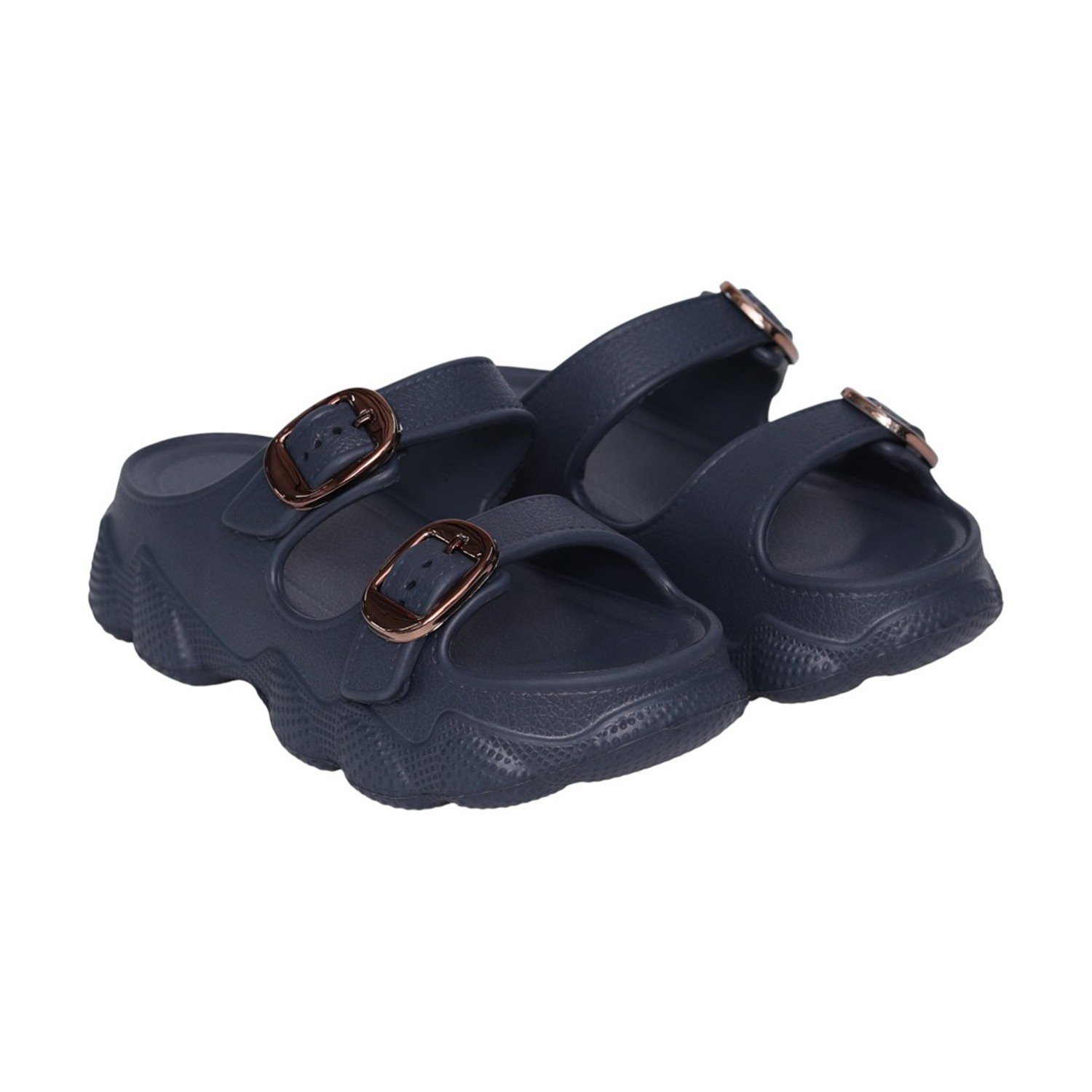 Womens Navy Double Buckle Comfort Slides