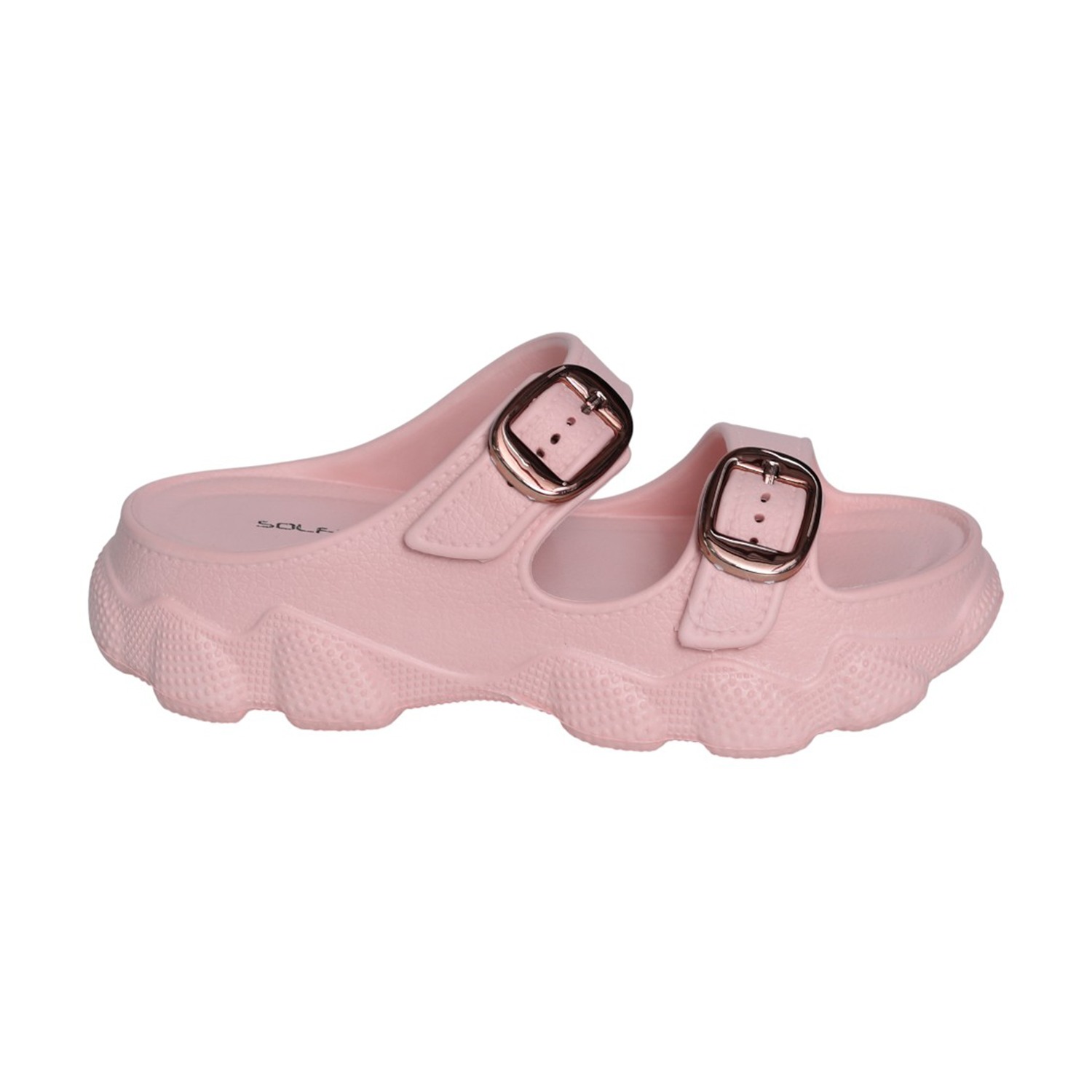 Womens Soft Pink Double Buckle Comfort Slides