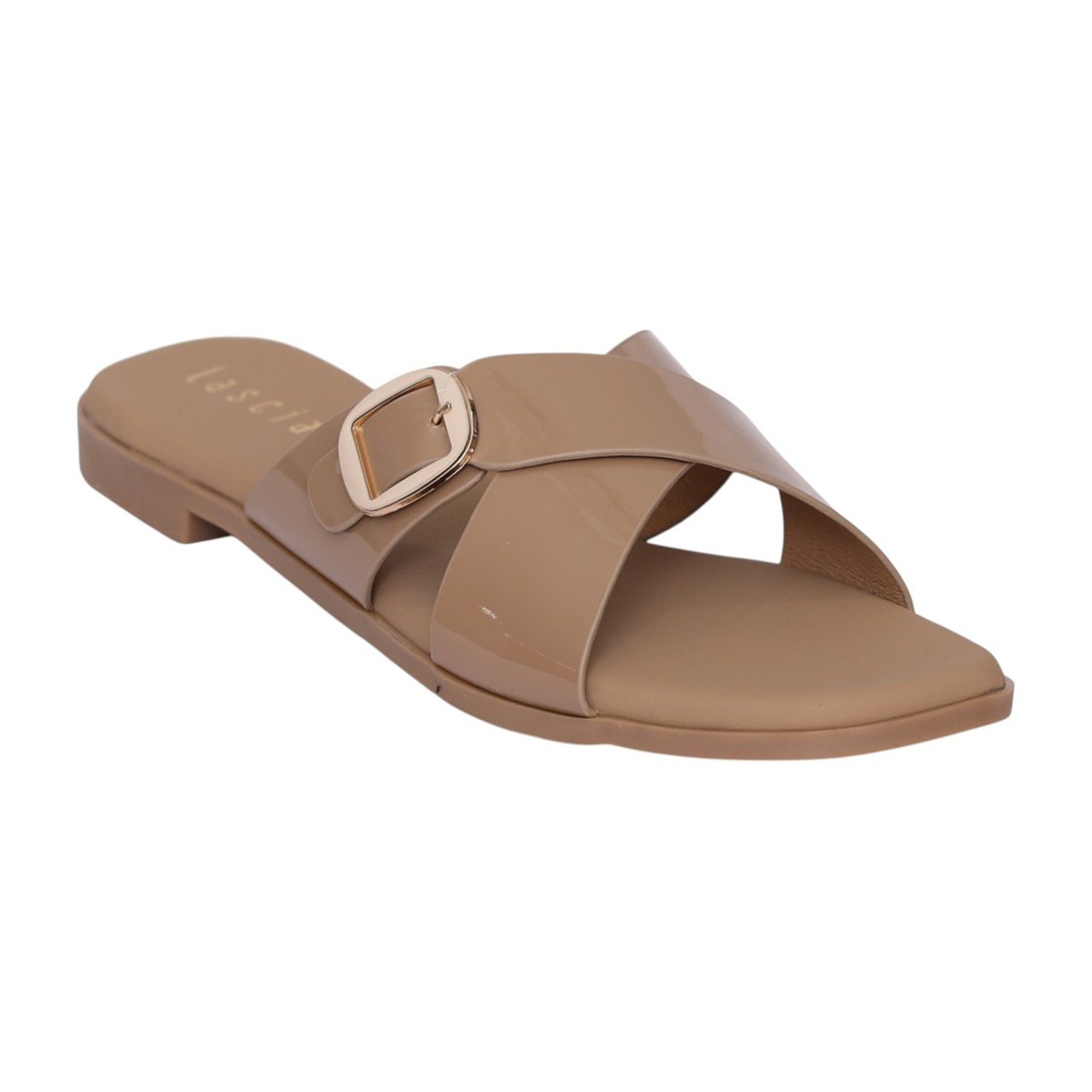 Women Dark Beige Glossy Buckle Sandal