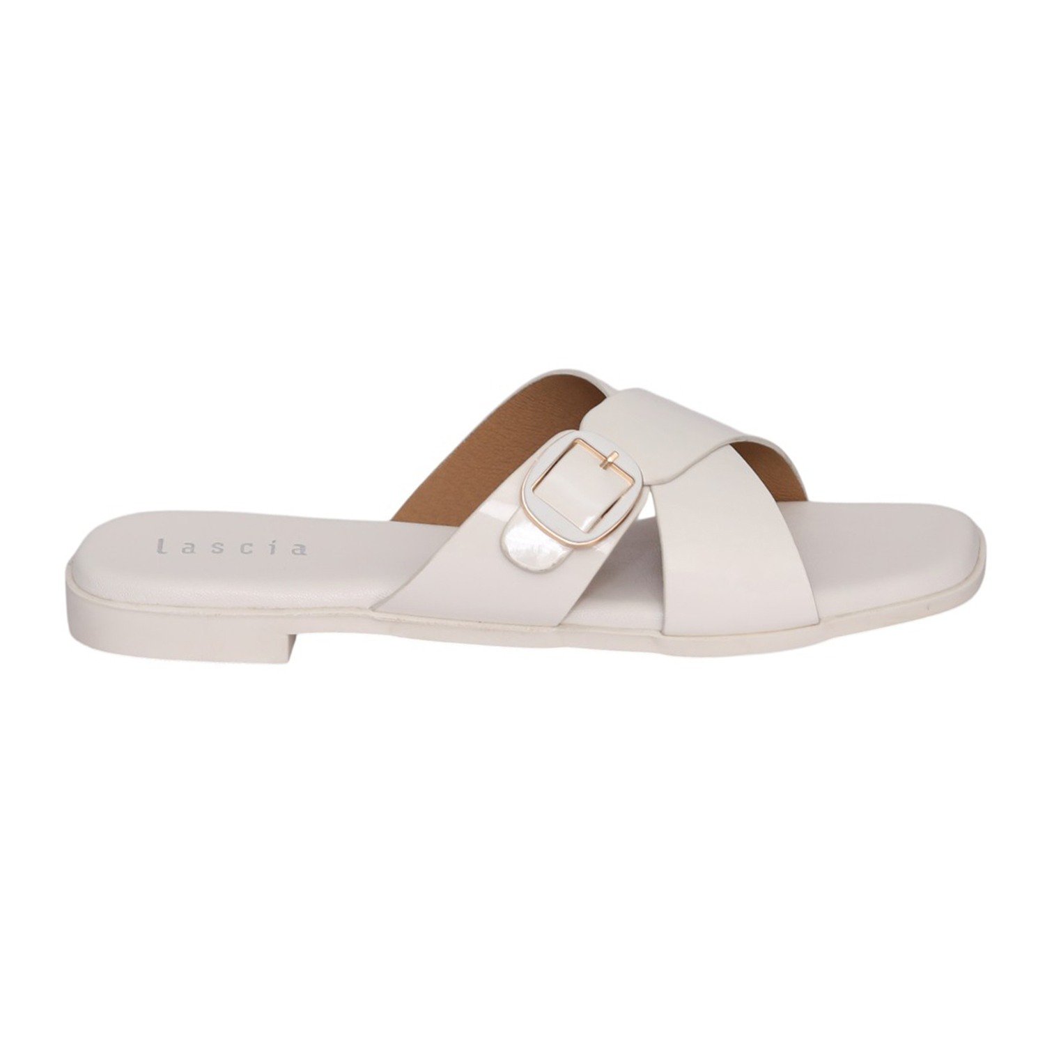 Women White Glossy Buckle Sandal