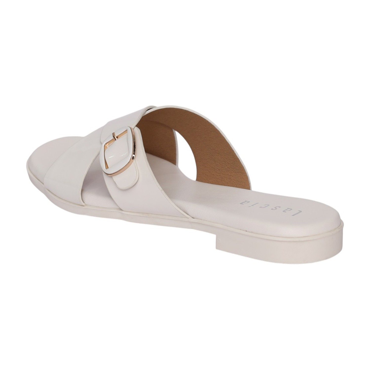 Women White Glossy Buckle Sandal