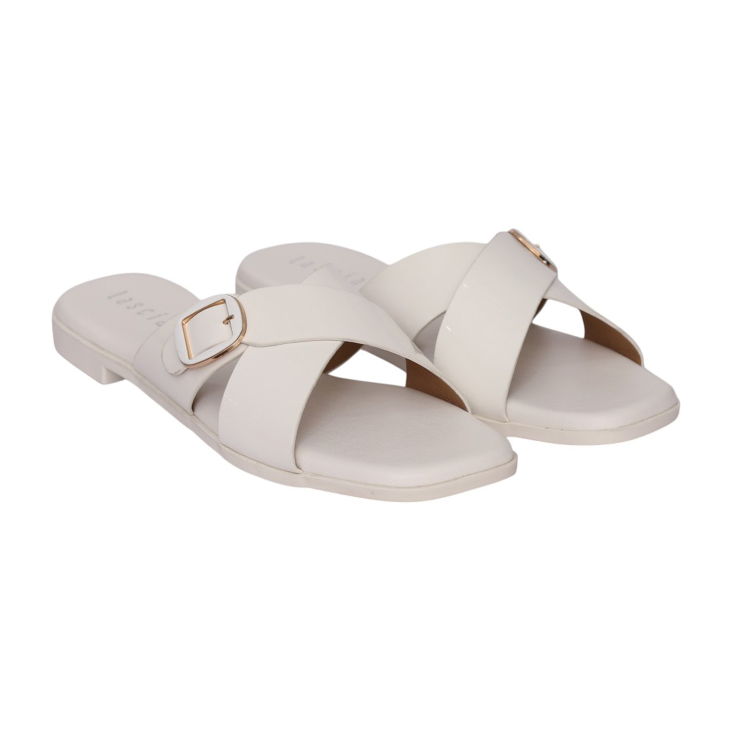 Women White Glossy Buckle Sandal
