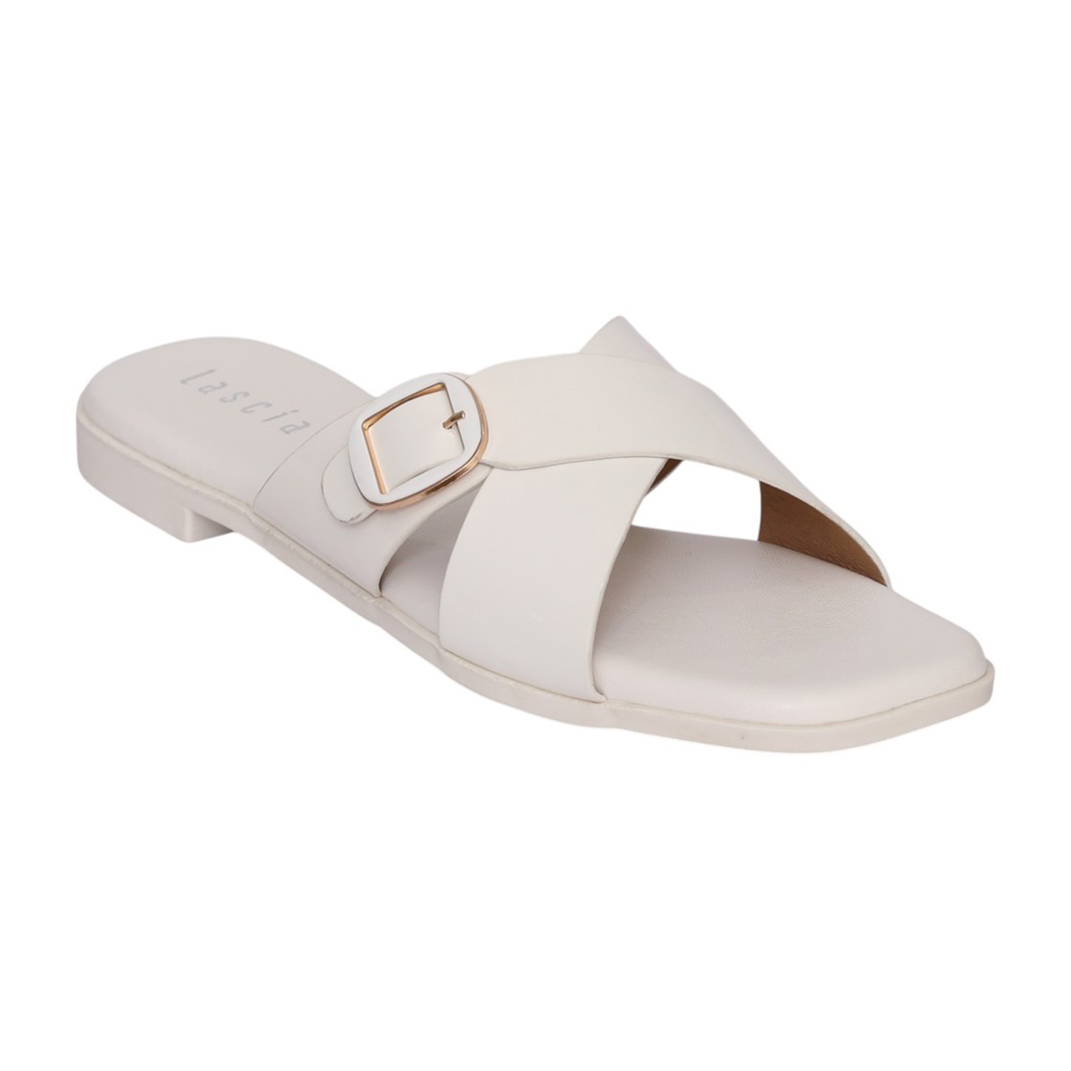 Women White Glossy Buckle Sandal