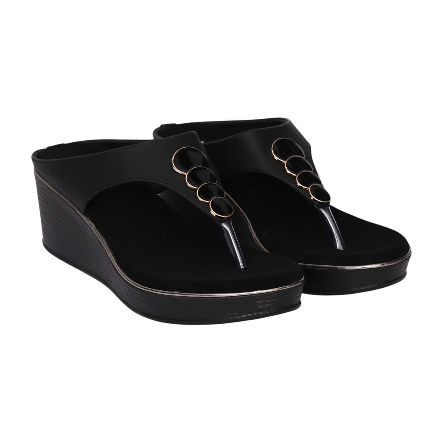 Women Black Circle Accent Wedge Sandal