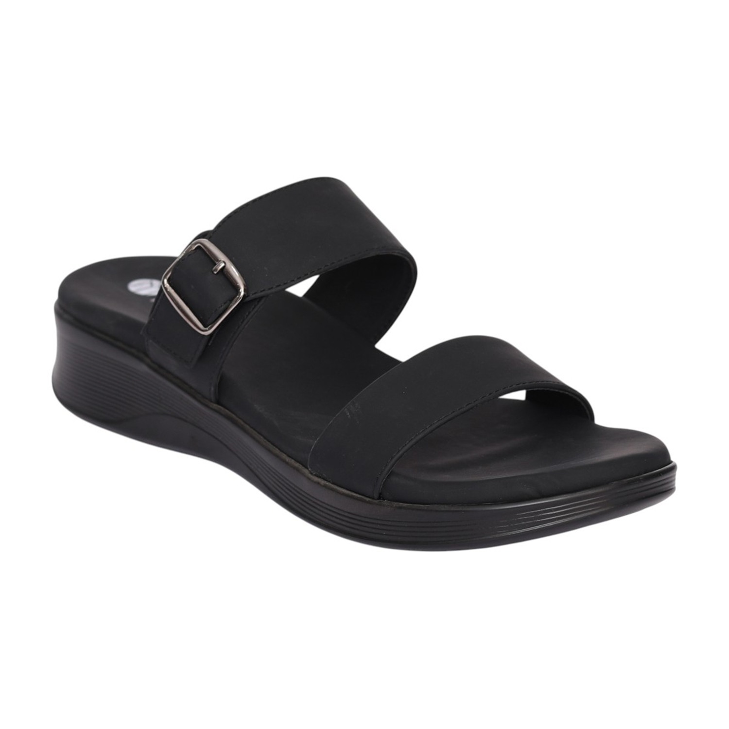 Women Black Double Strap Buckle Wedge