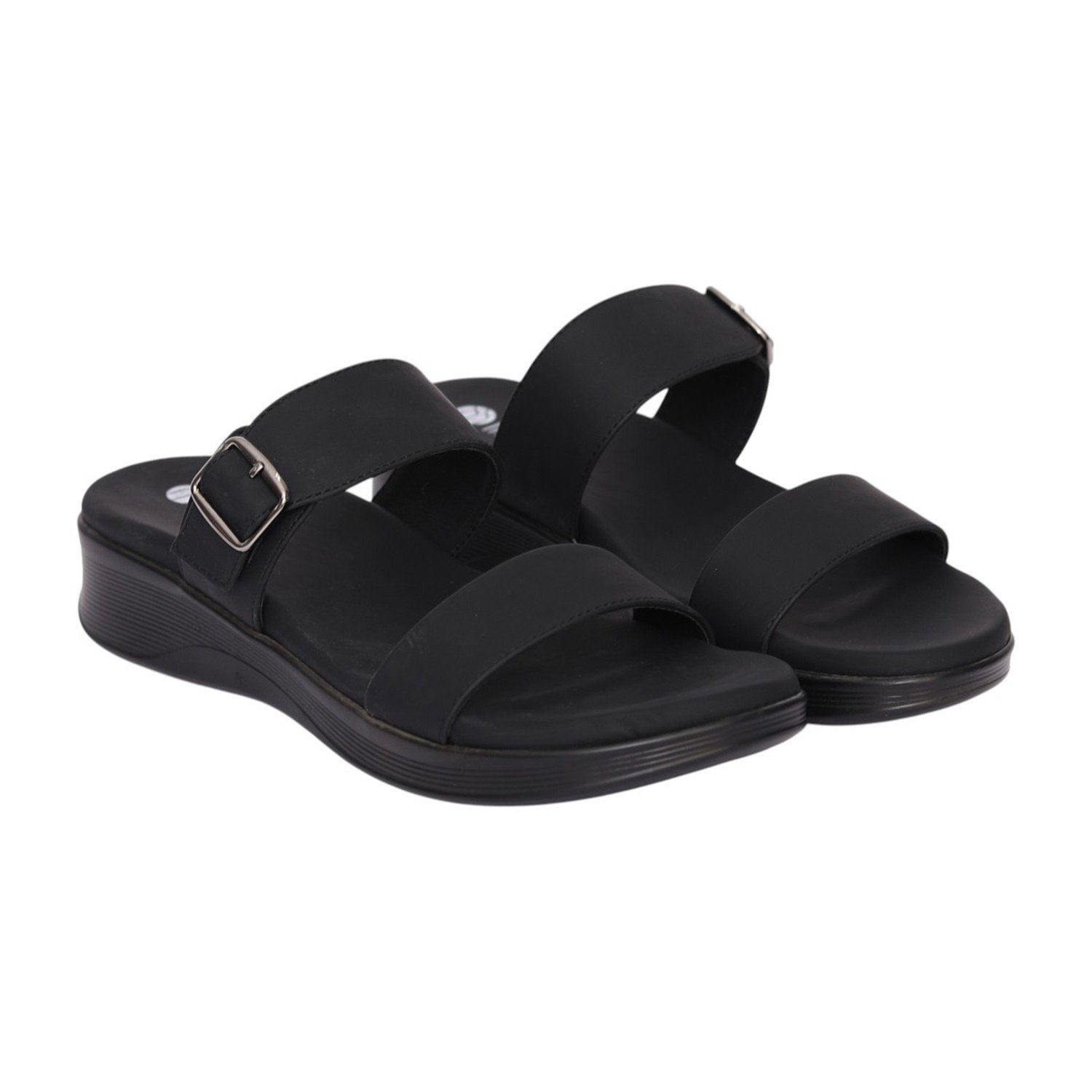 Women Black Double Strap Buckle Wedge