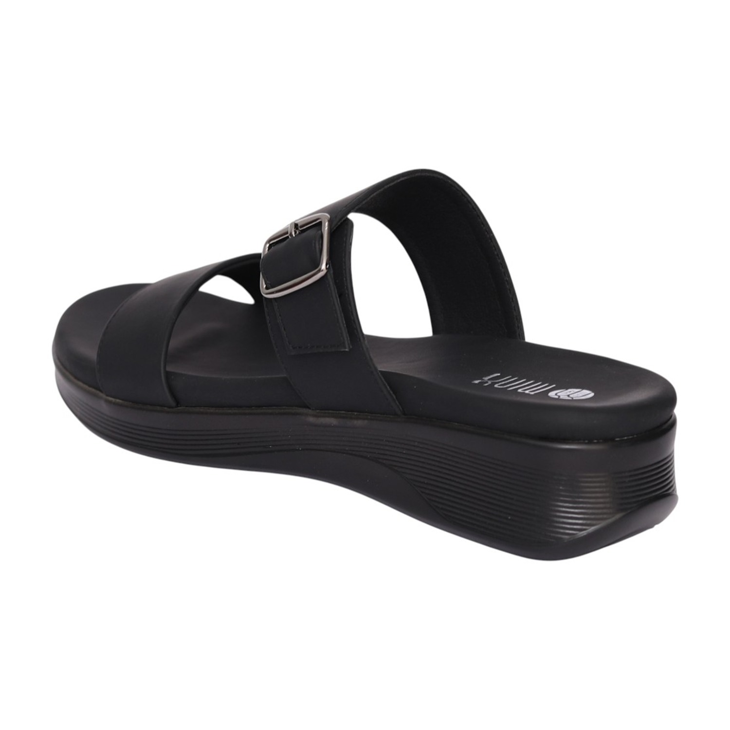 Women Black Double Strap Buckle Wedge