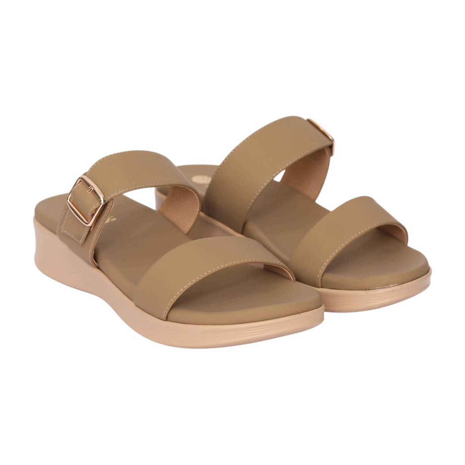 Women Khaki Double Strap Buckle Wedge