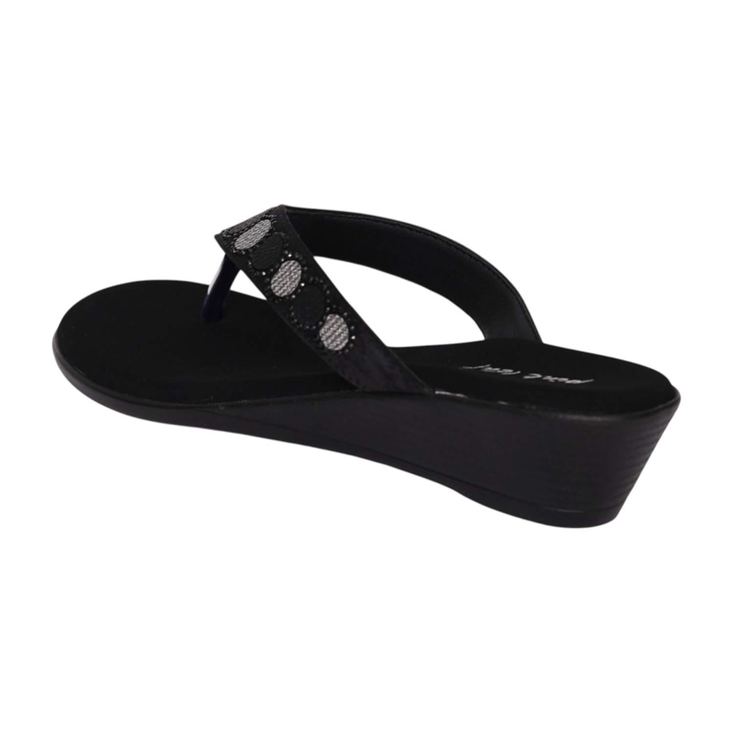 Women Black Regal Mirror Toe Post Wedge