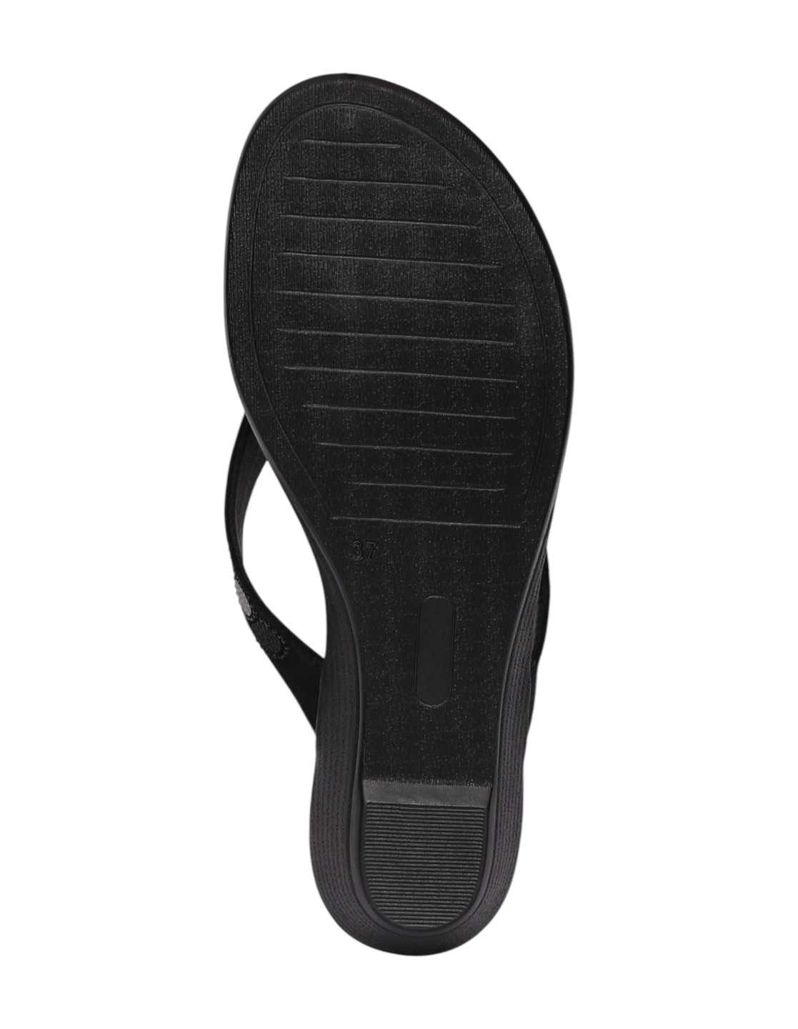 Women Black Regal Mirror Toe Post Wedge