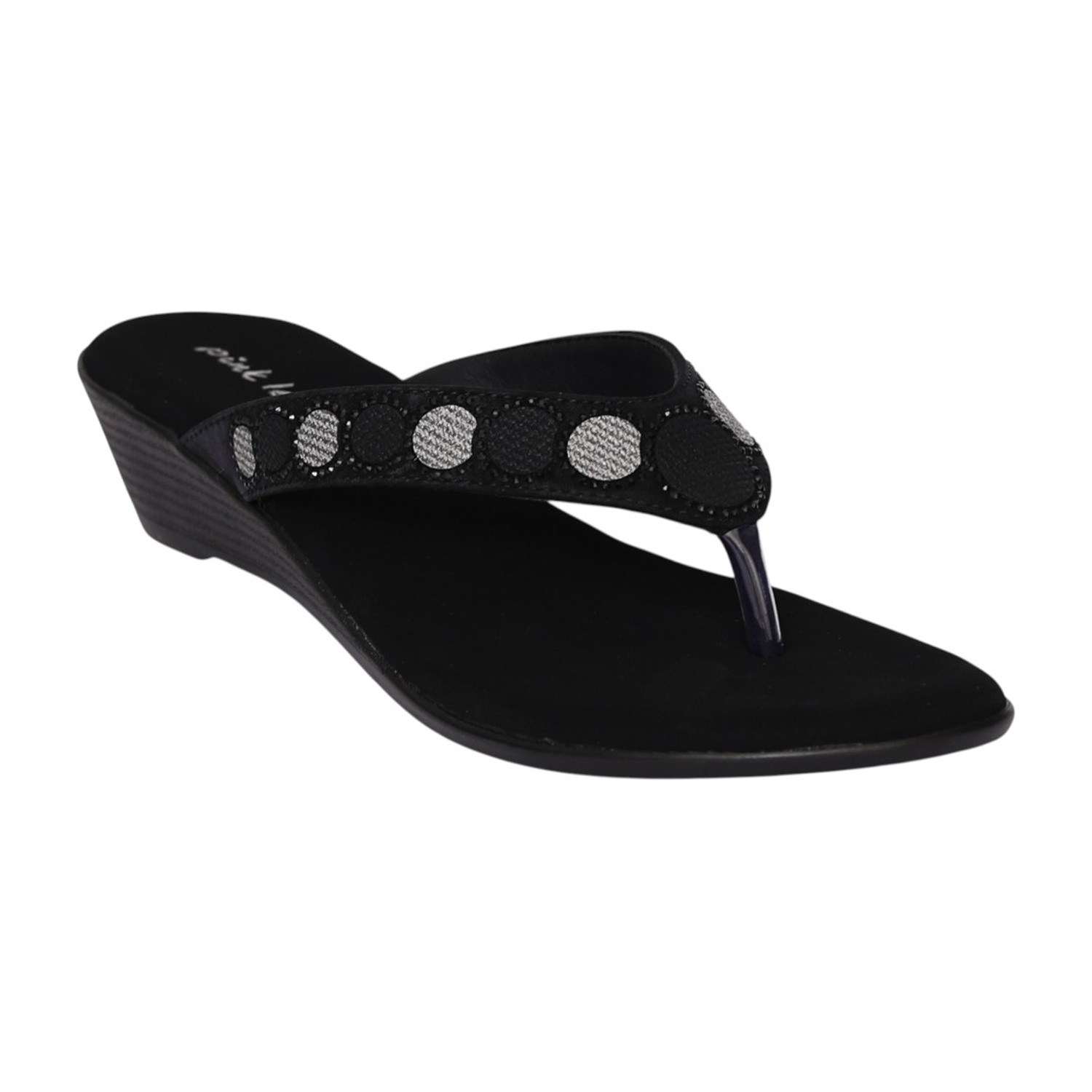 Women Black Regal Mirror Toe Post Wedge