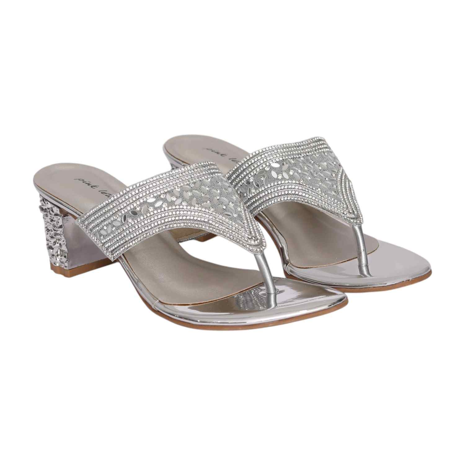 Women Silver Imperial Crystal Toe Post Heel