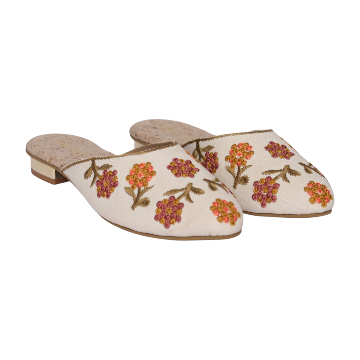 Women Beige Floral Embroidered Mule
