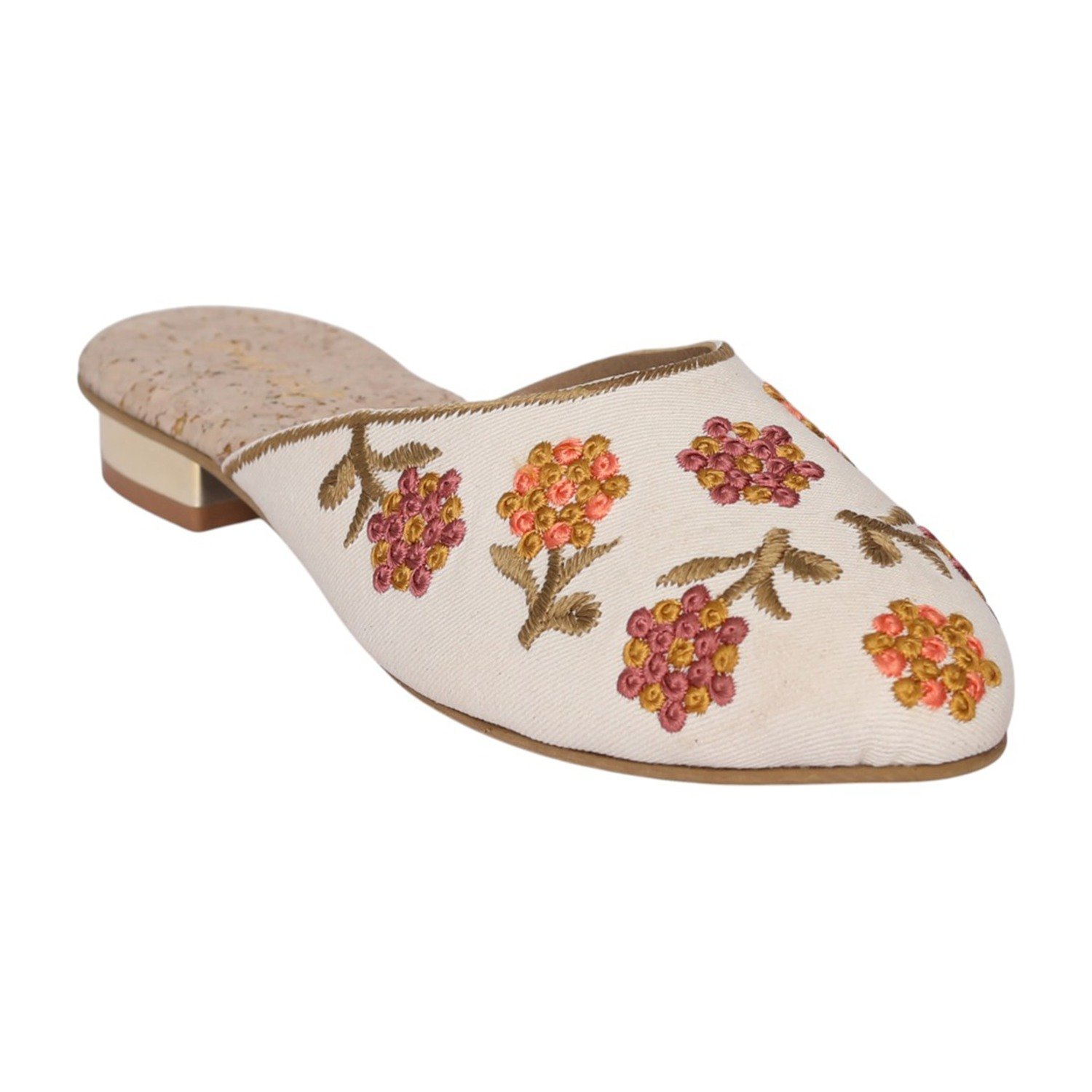 Women Beige Floral Embroidered Mule