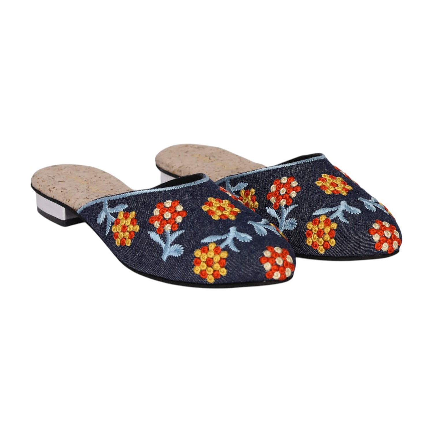 Women Black Floral Embroidered Mule
