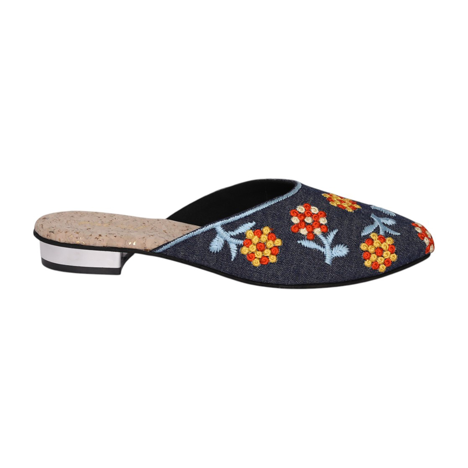 Women Black Floral Embroidered Mule
