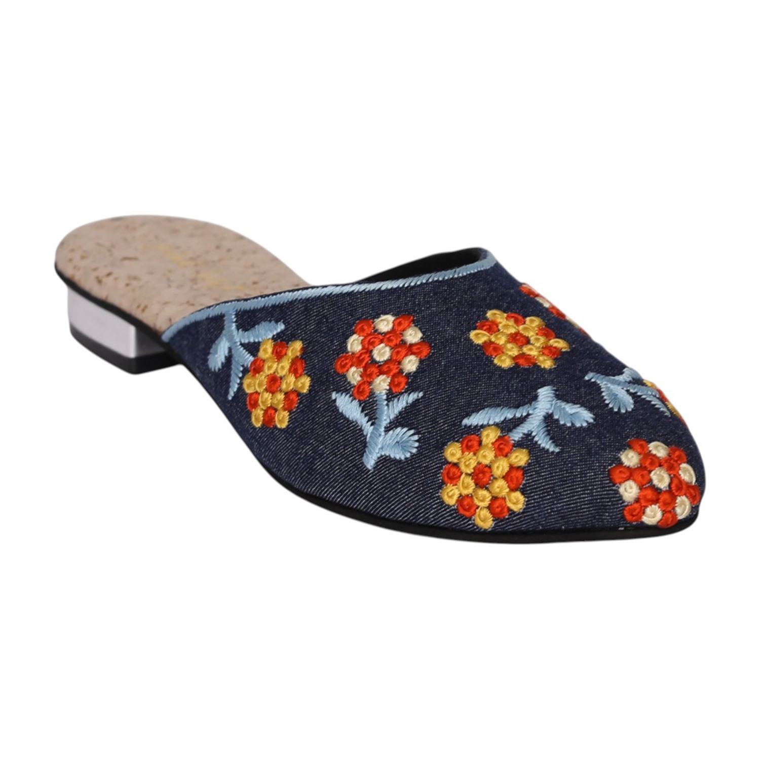 Women Black Floral Embroidered Mule