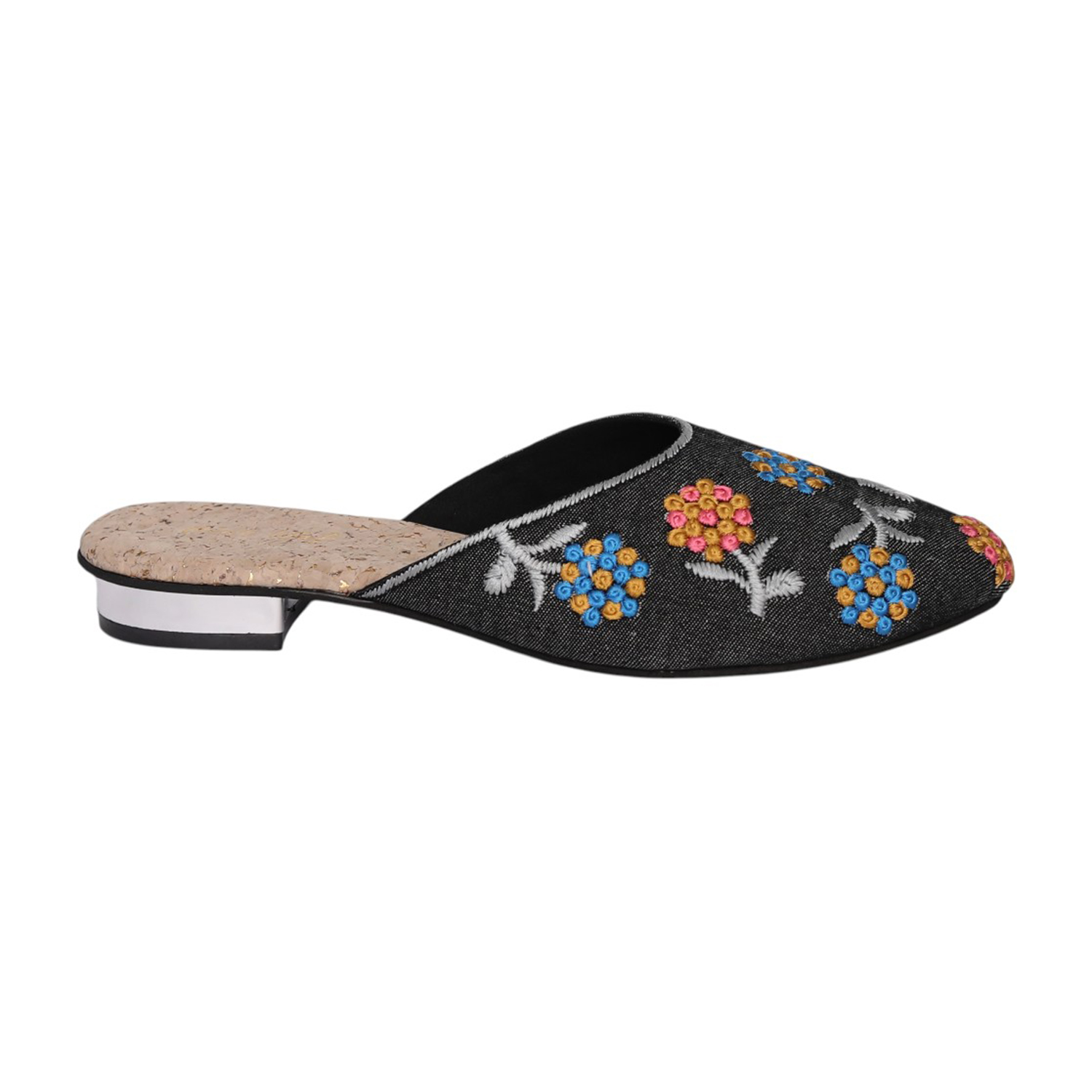 Women Grey Floral Embroidered Mule