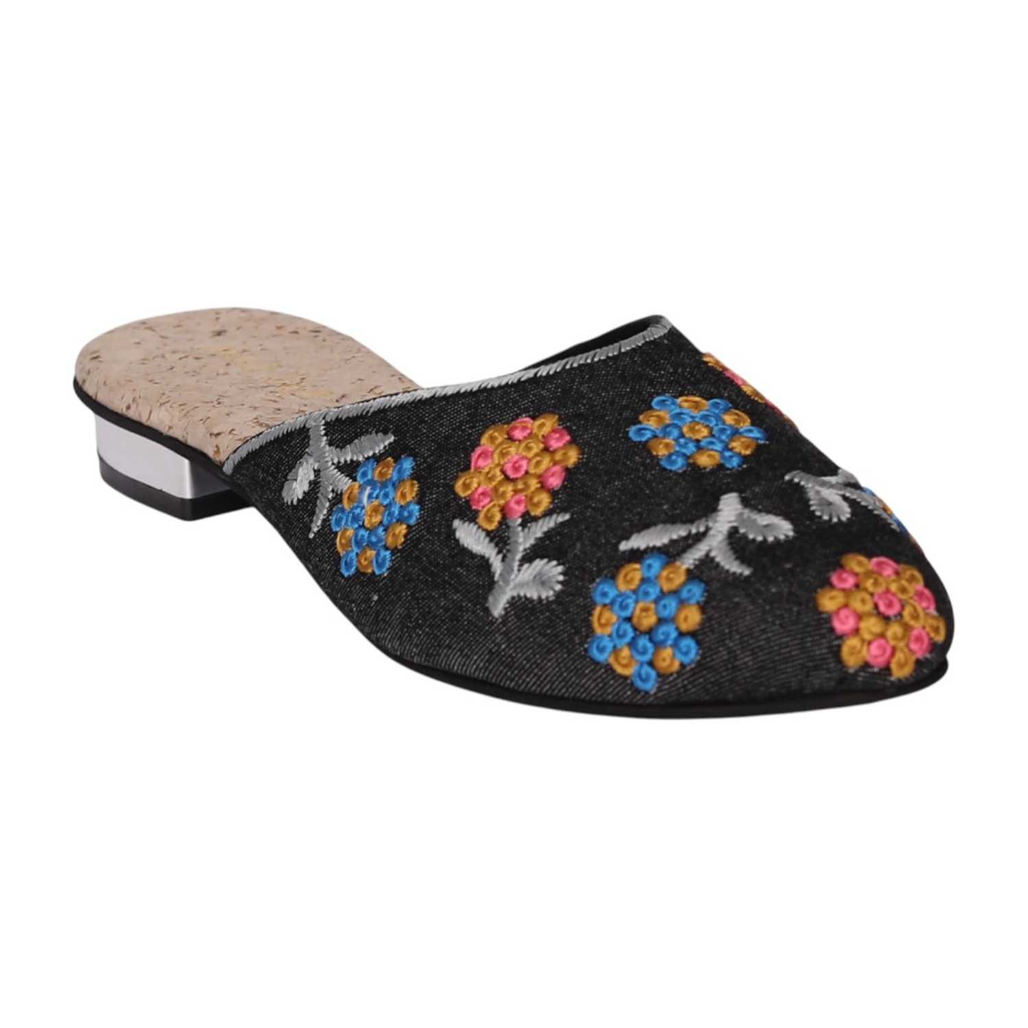 Women Grey Floral Embroidered Mule