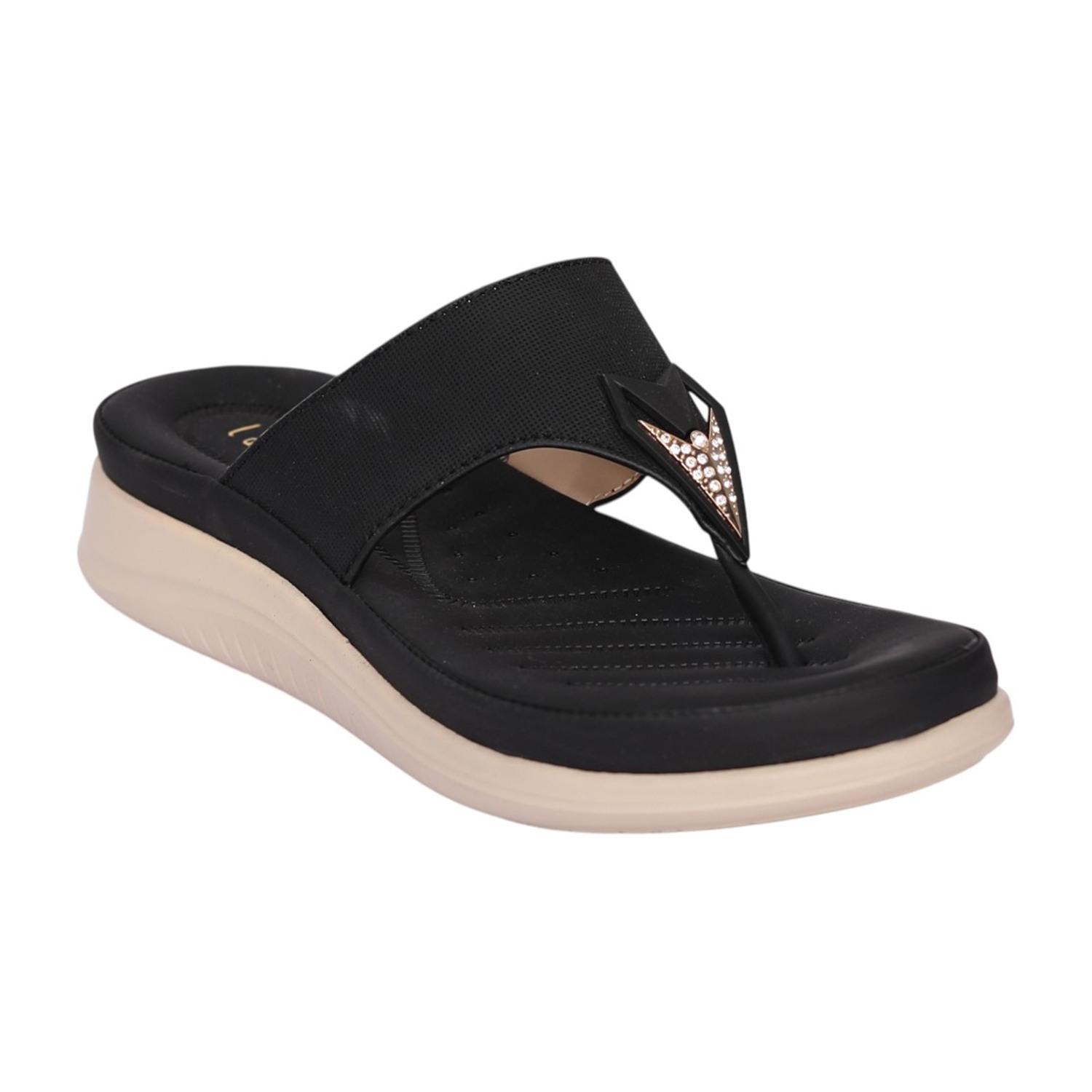 Women Black Decorative Strap Wedge