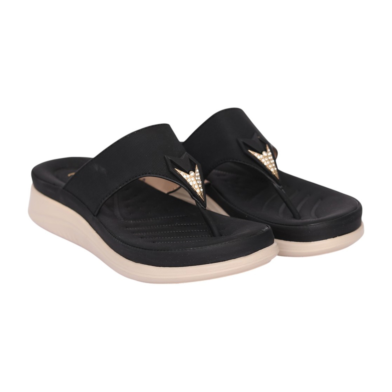Women Black Decorative Strap Wedge