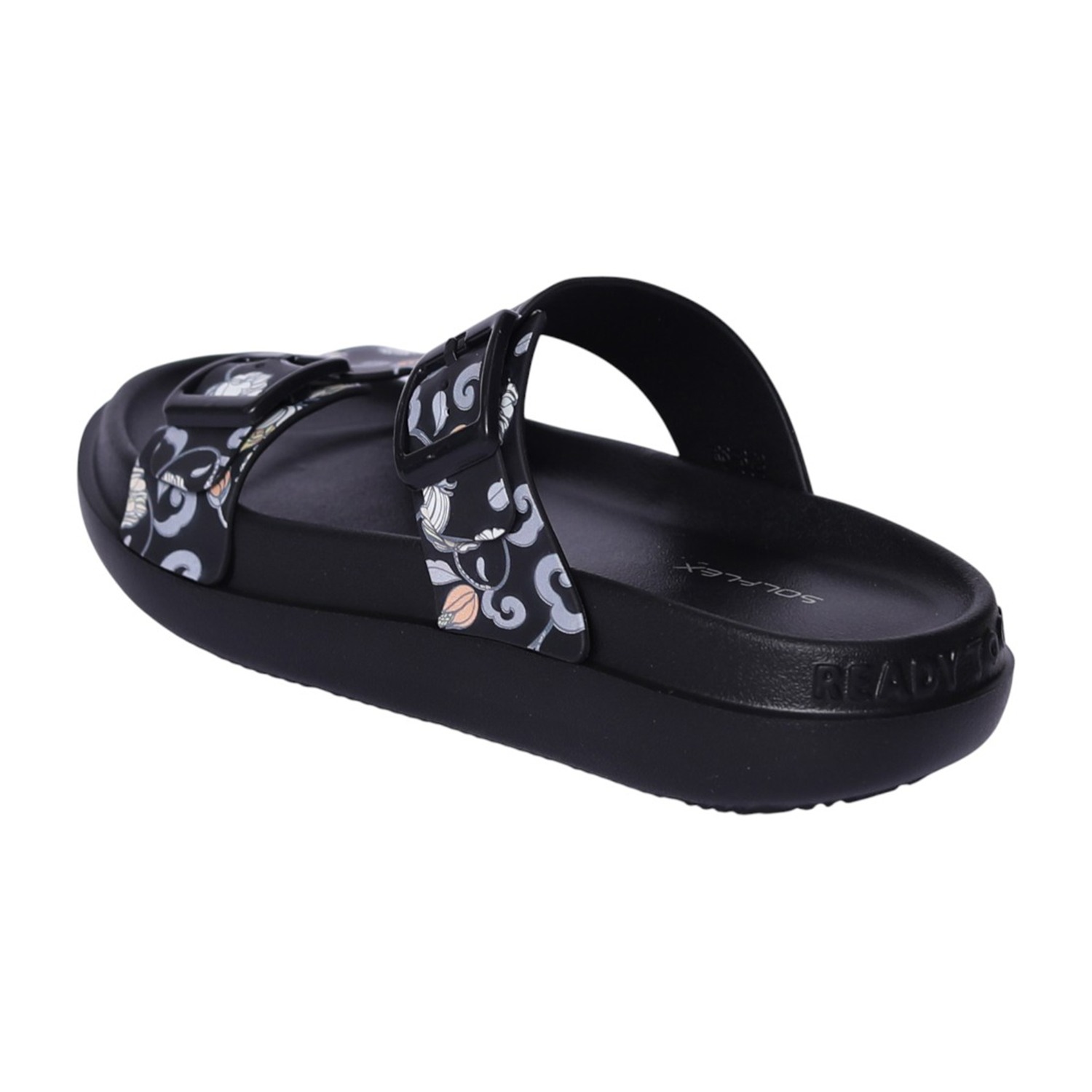 Women Black Floral Print Two-Strap Sandal