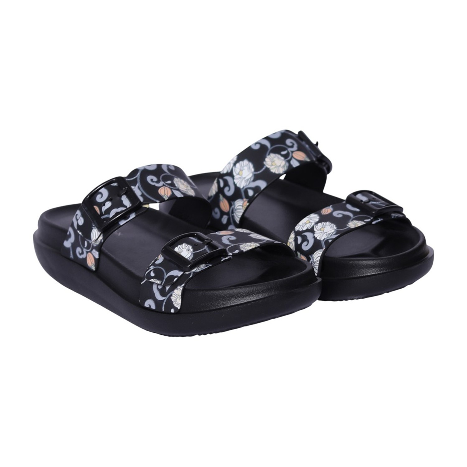 Women Black Floral Print Two-Strap Sandal