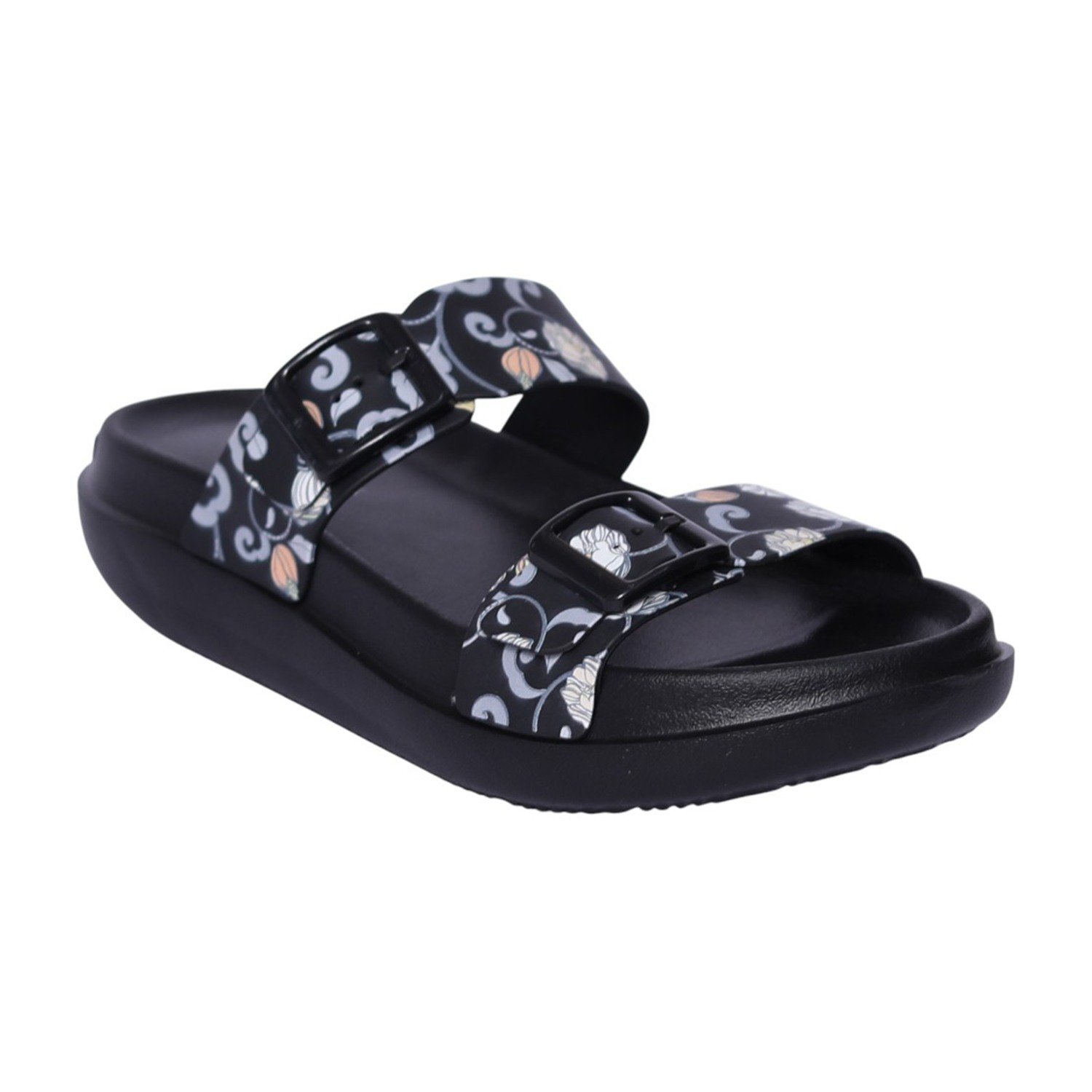 Women Black Floral Print Two-Strap Sandal