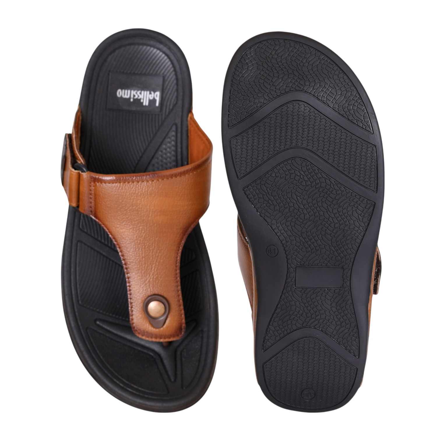 Men Tan Leather Wedge Thong Sandals with Adjustable Strap