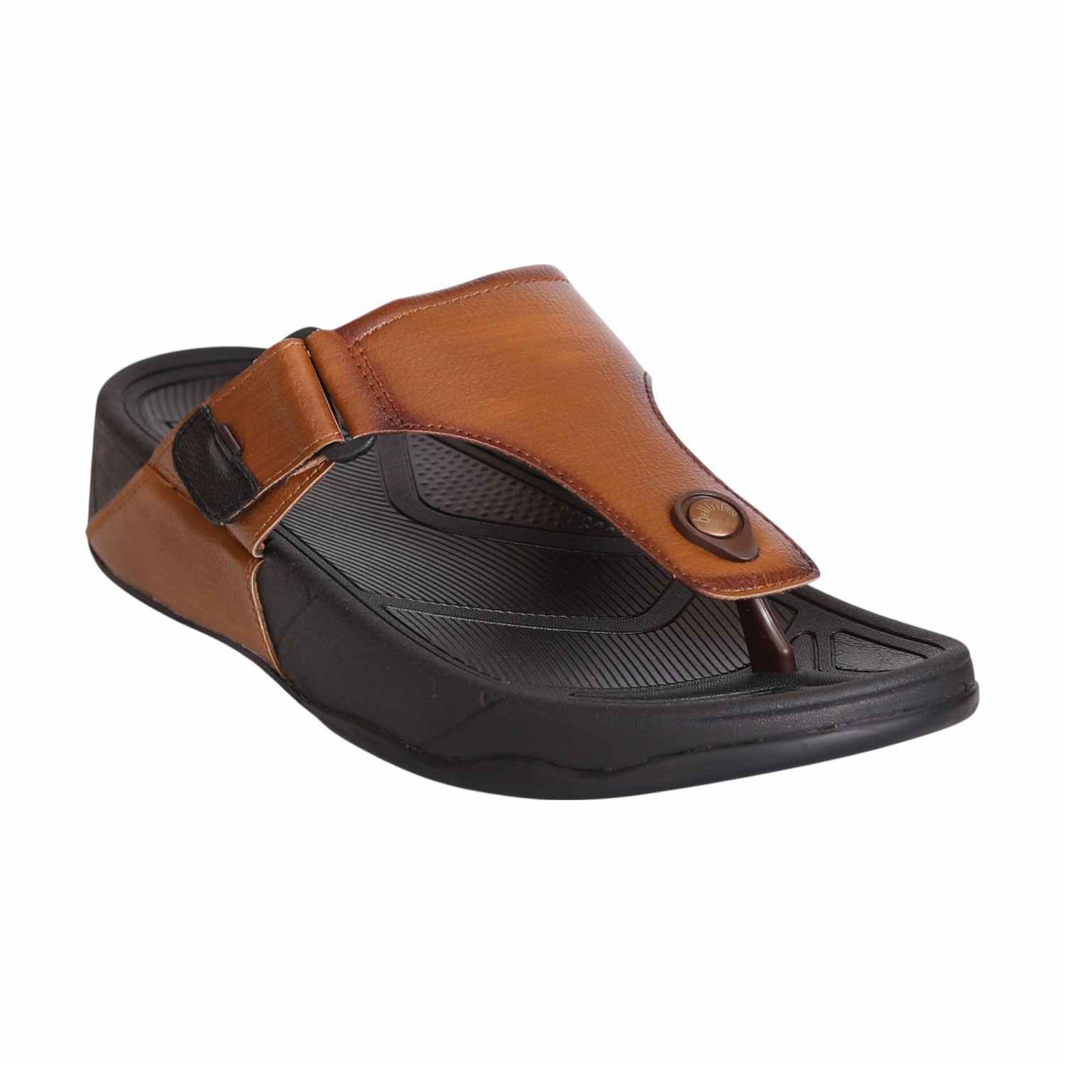 Men Tan Leather Wedge Thong Sandals with Adjustable Strap