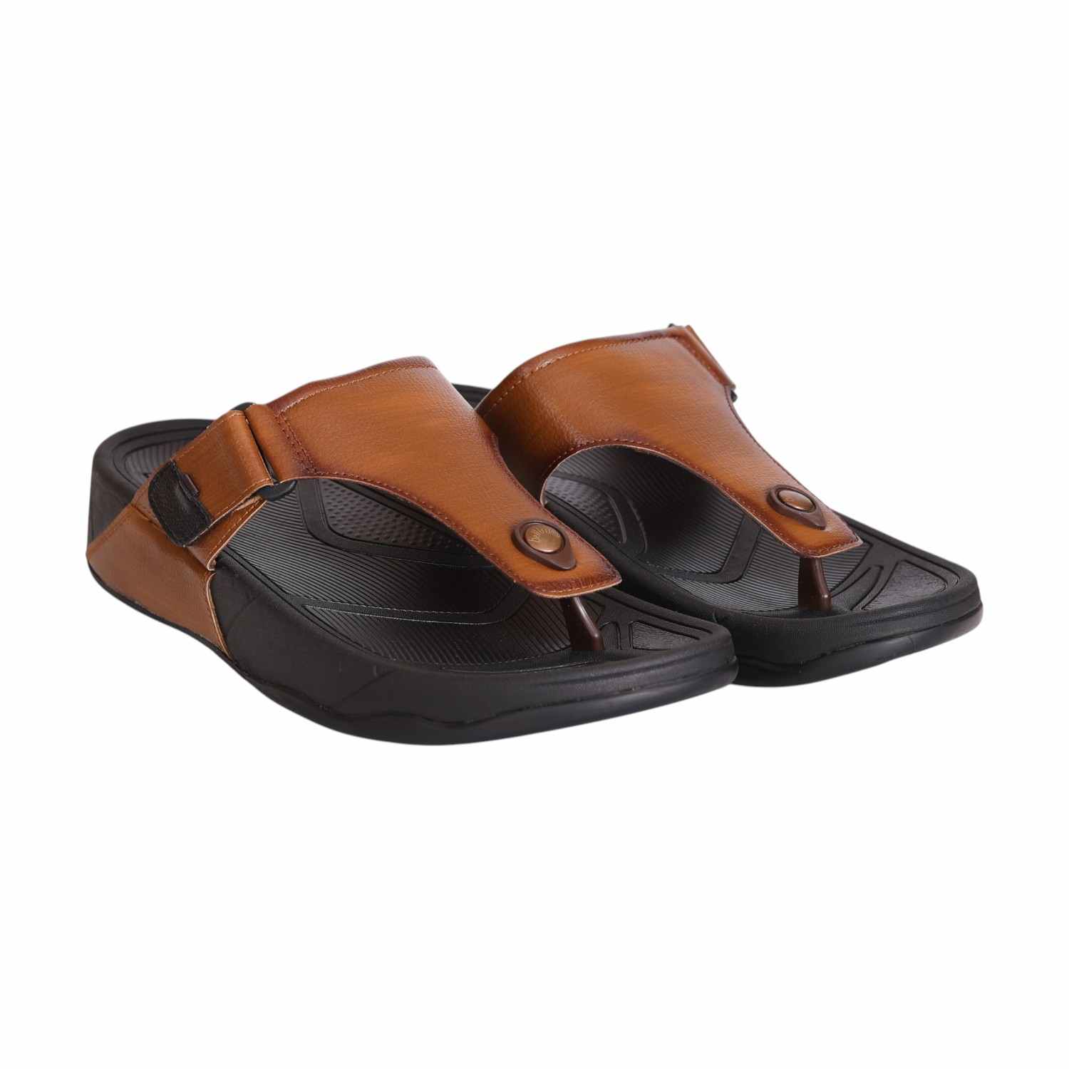 Men Tan Leather Wedge Thong Sandals with Adjustable Strap