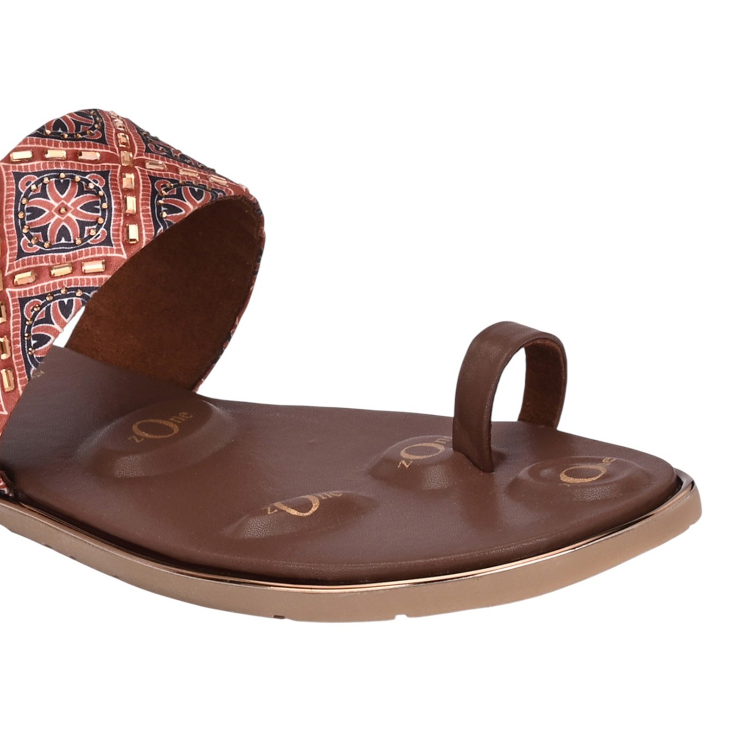 Women Brown Ethnic Print Flat Slide Sandal with Toe Loop