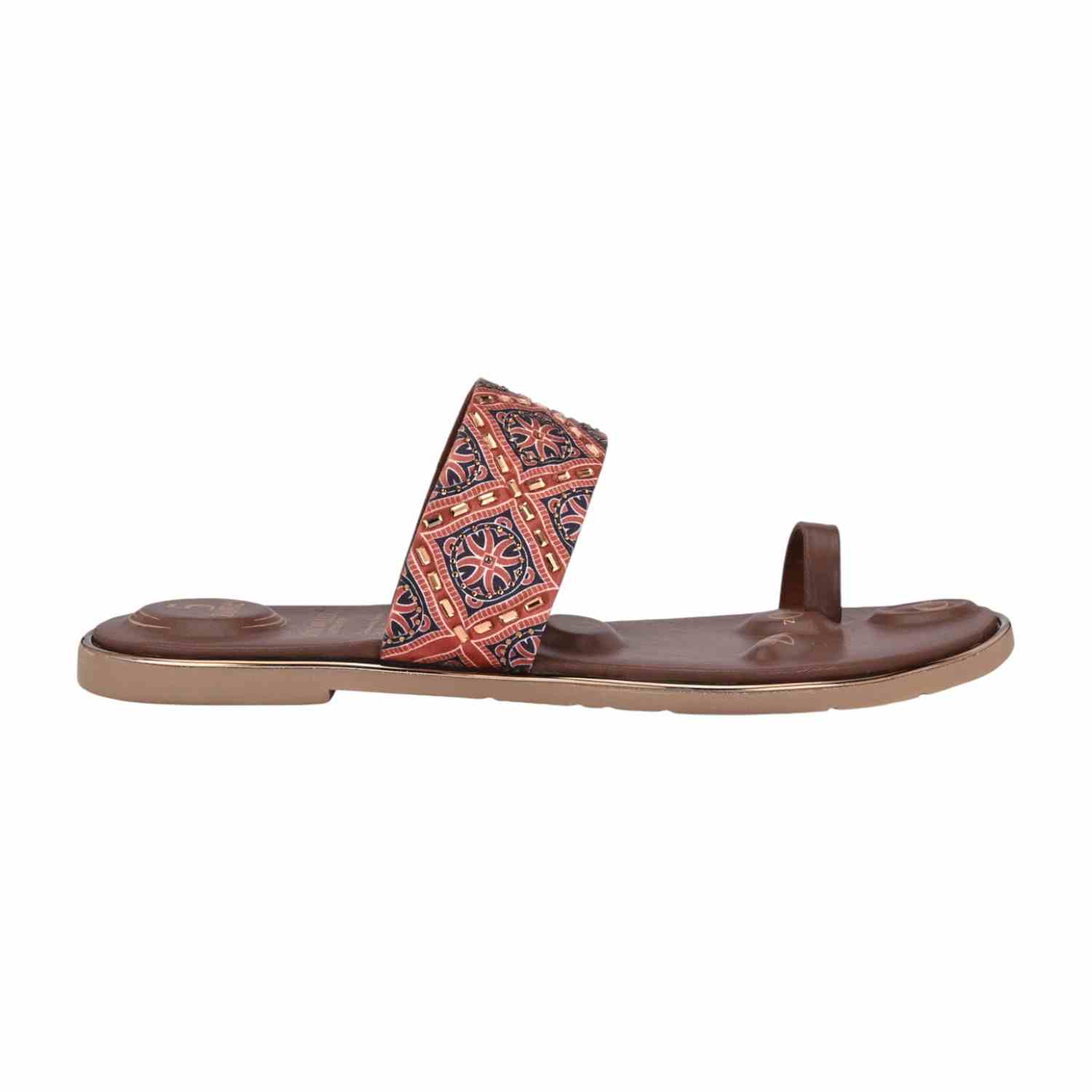 Women Brown Ethnic Print Flat Slide Sandal with Toe Loop