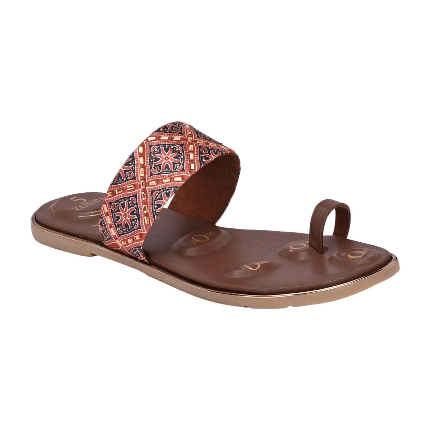 Women Brown Ethnic Print Flat Slide Sandal with Toe Loop