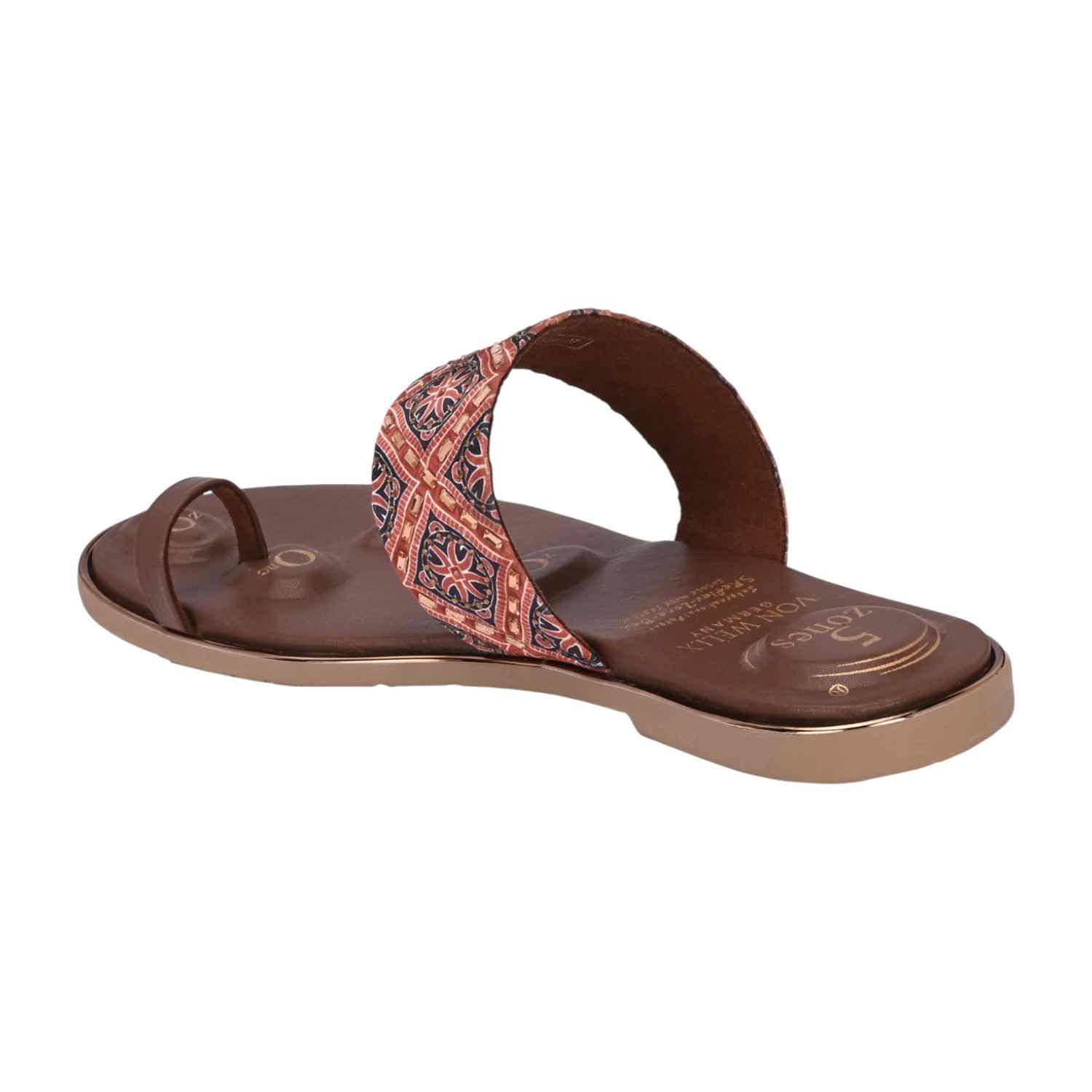Women Brown Ethnic Print Flat Slide Sandal with Toe Loop
