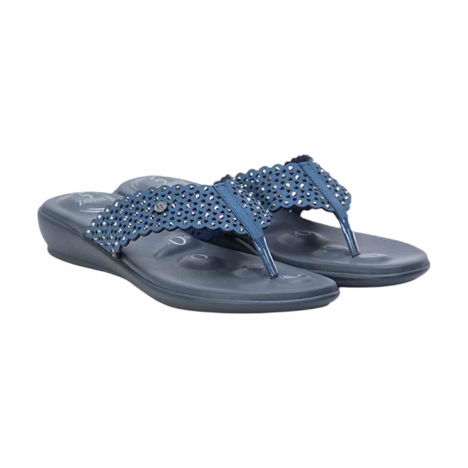 Women Blue Embellished & Perforated Toe-Ring Sandals