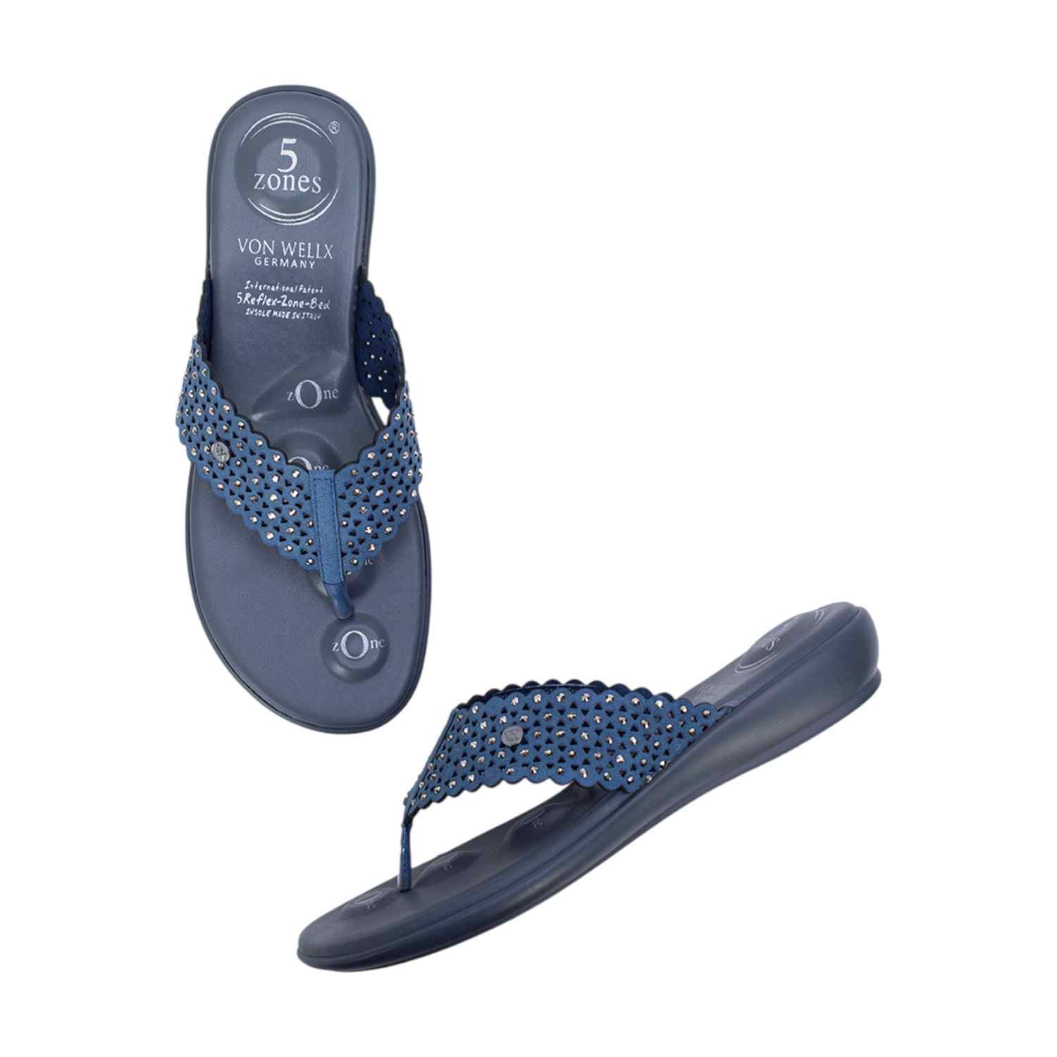 Women Blue Embellished & Perforated Toe-Ring Sandals