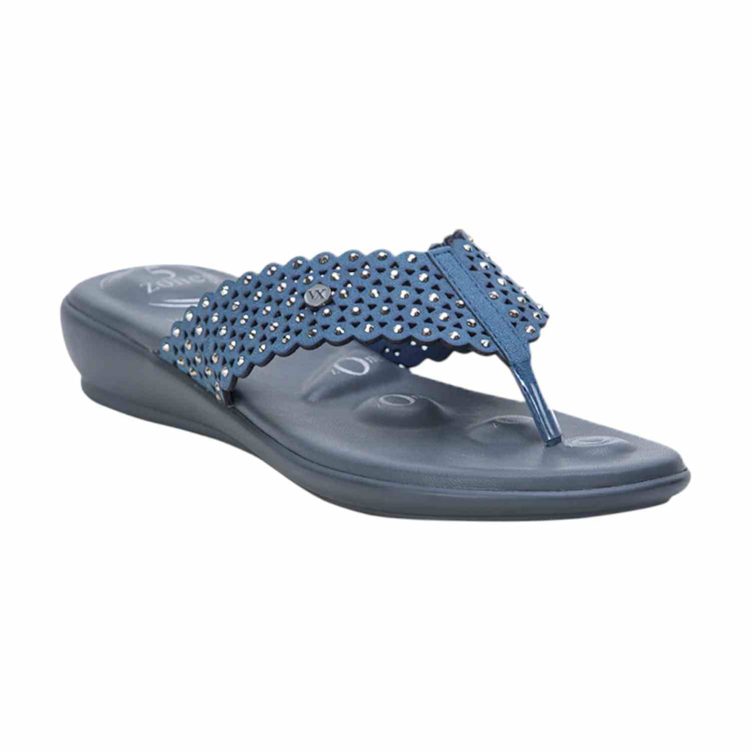 Women Blue Embellished & Perforated Toe-Ring Sandals