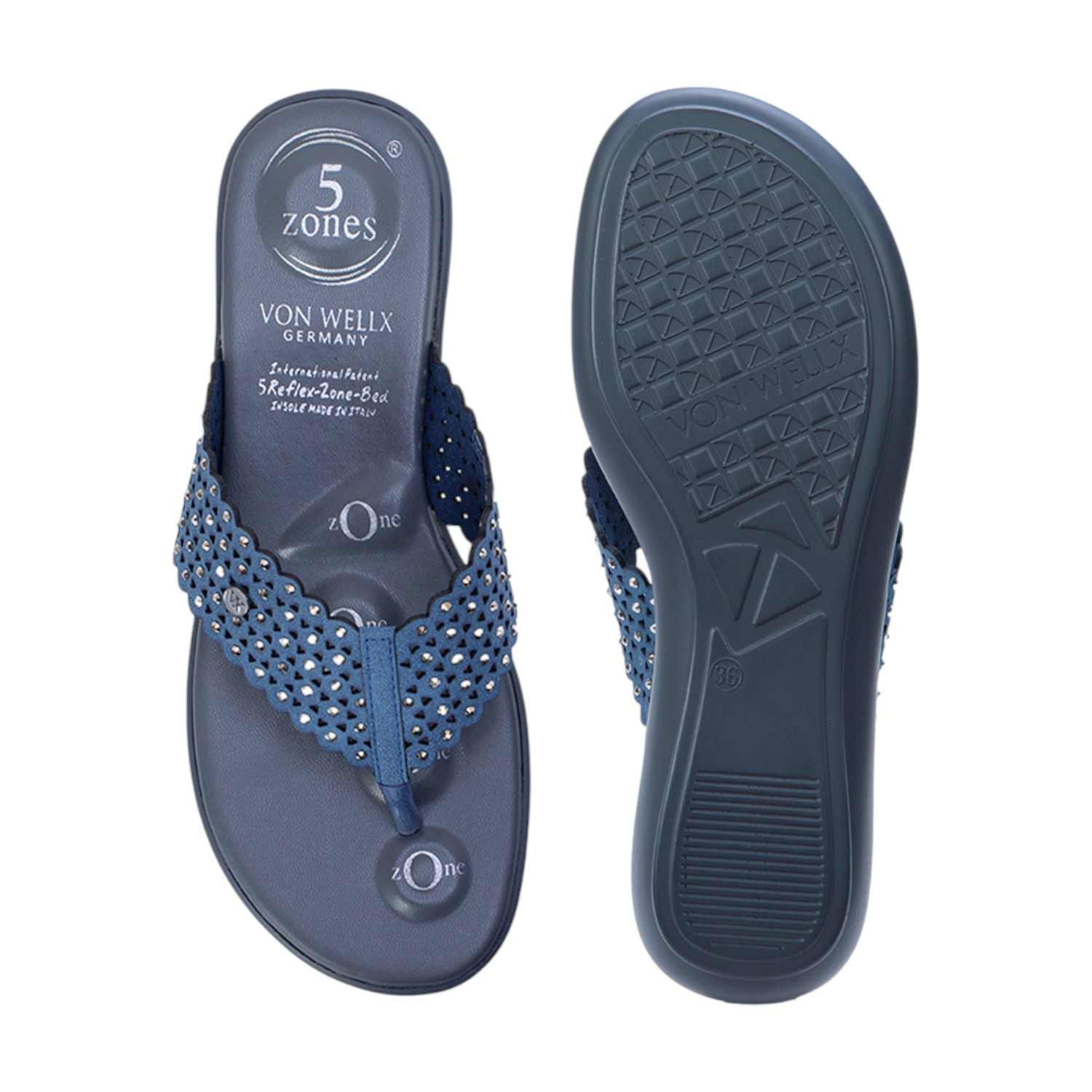 Women Blue Embellished & Perforated Toe-Ring Sandals