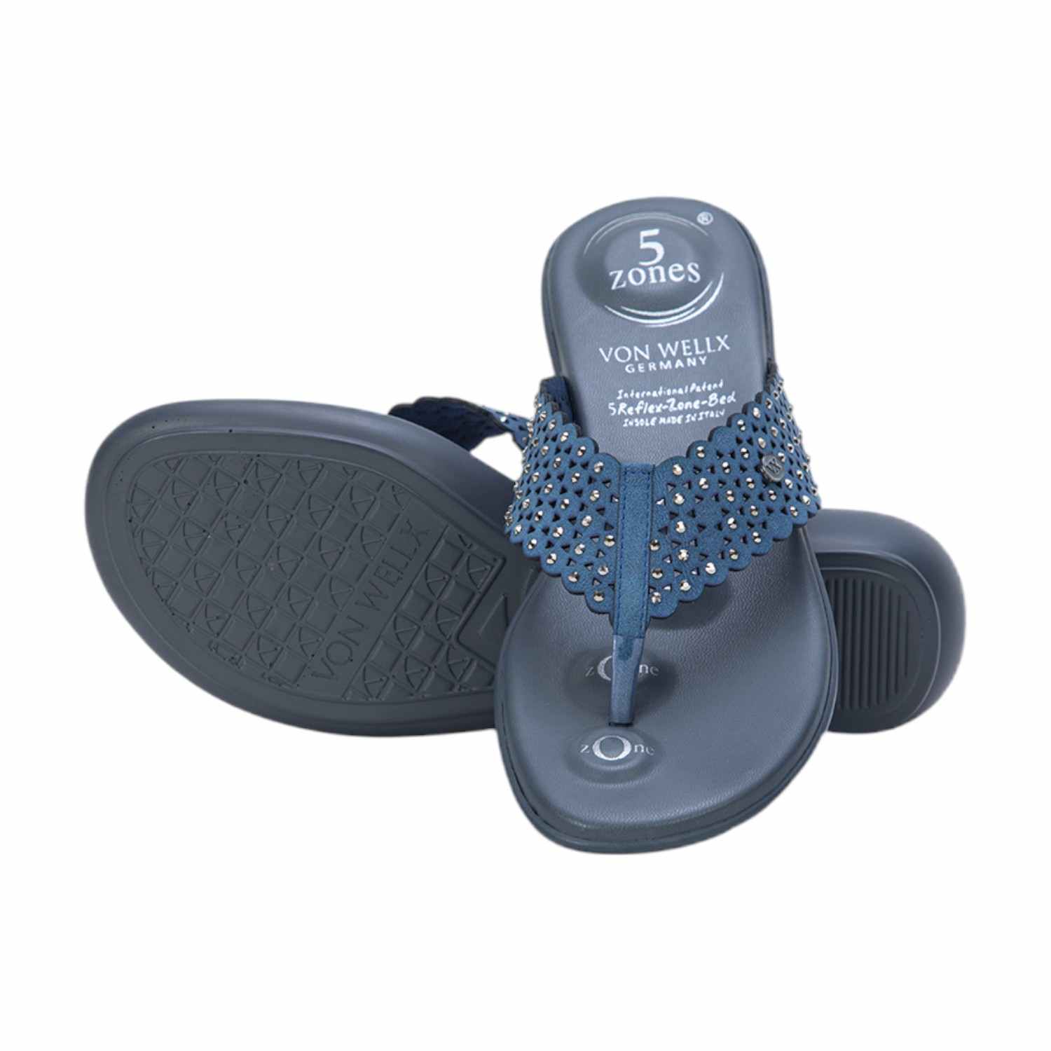 Women Blue Embellished & Perforated Toe-Ring Sandals