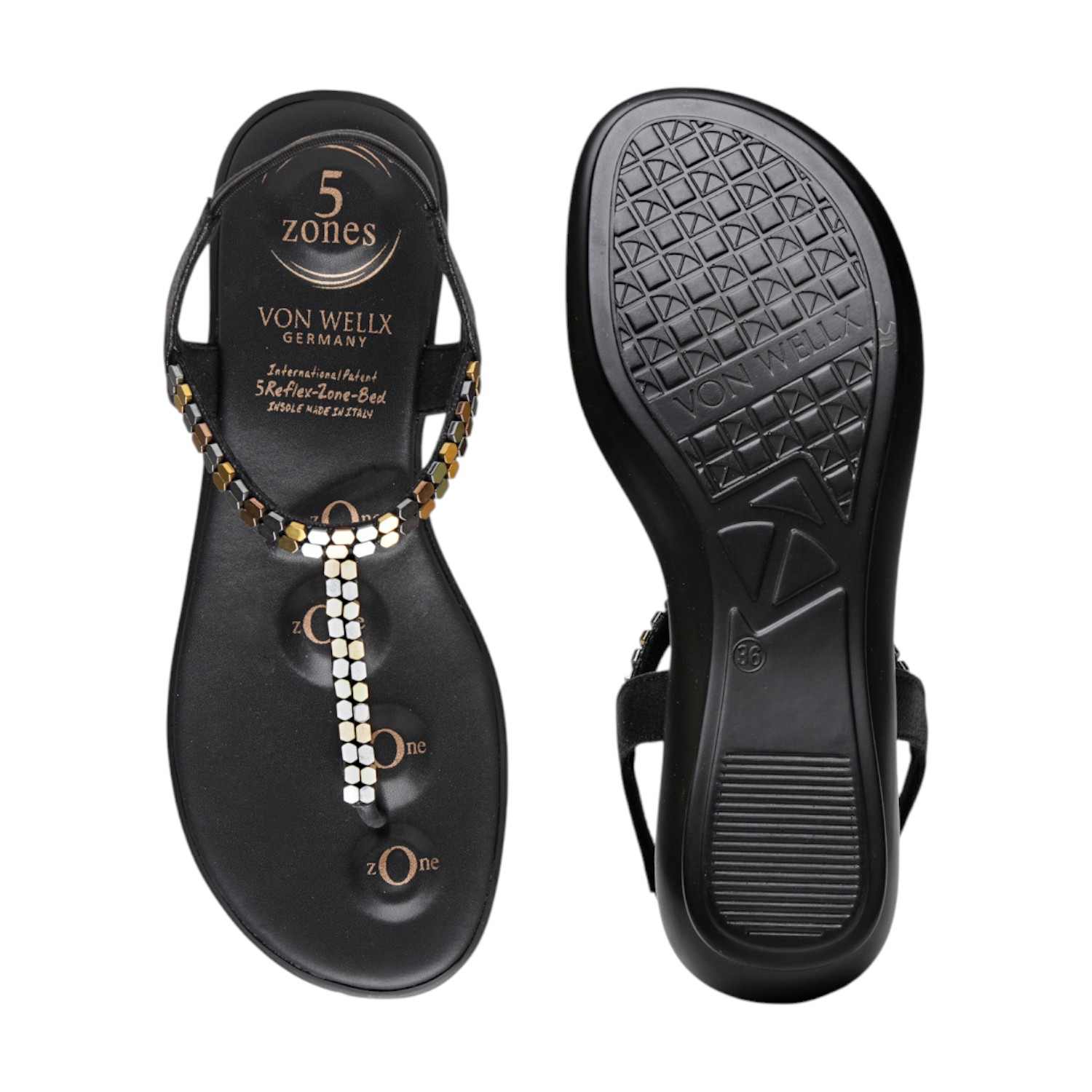 Women Black Multi-Color Beaded T-Strap Thong Sandals
