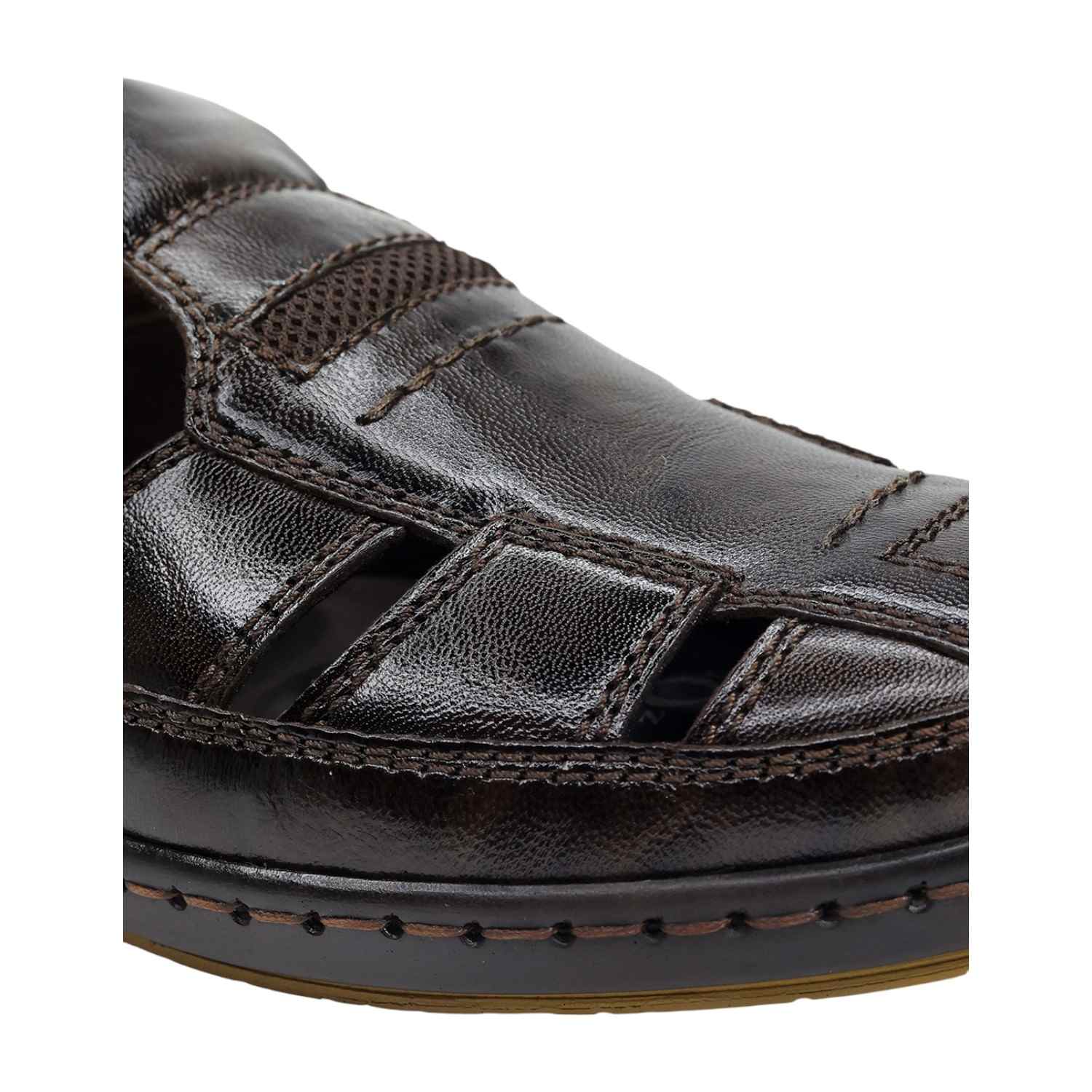 Men Burnished Dark Brown Leather Closed-Toe Fisherman Sandal