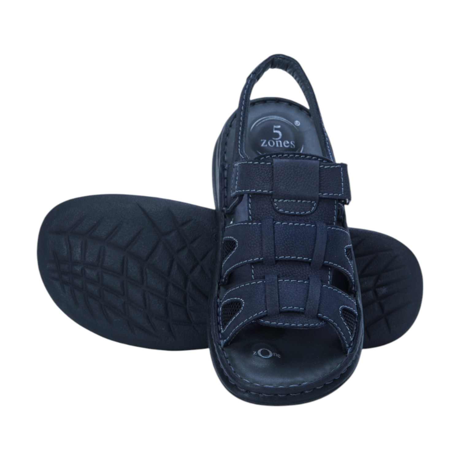 Men Navy Blue Leather Adjustable Comfort Sandals (5 Zones)